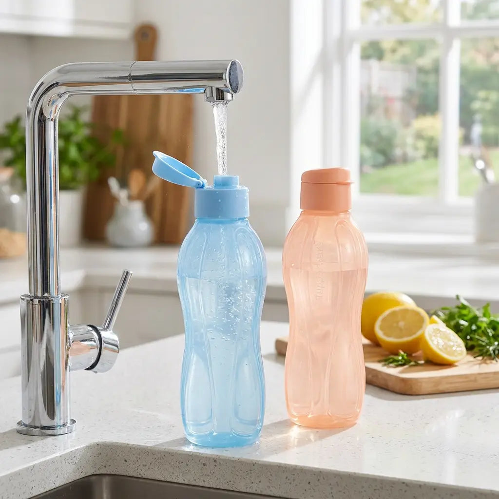 EcoEasy Trinkflaschen 1 Liter 2er-Set Blau & Pfirsich von der Marke Tupperware / Wasserflaschen / Sportflasche / Ideal für Unterwegs / Auslaufsicher / Hier direkt online kaufen 