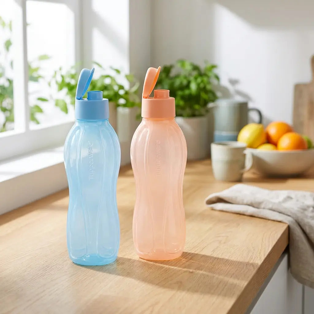 EcoEasy Trinkflaschen 1 Liter 2er-Set Blau & Pfirsich von der Marke Tupperware / Wasserflaschen / Sportflasche / Ideal für Unterwegs / Auslaufsicher / Hier direkt online kaufen 