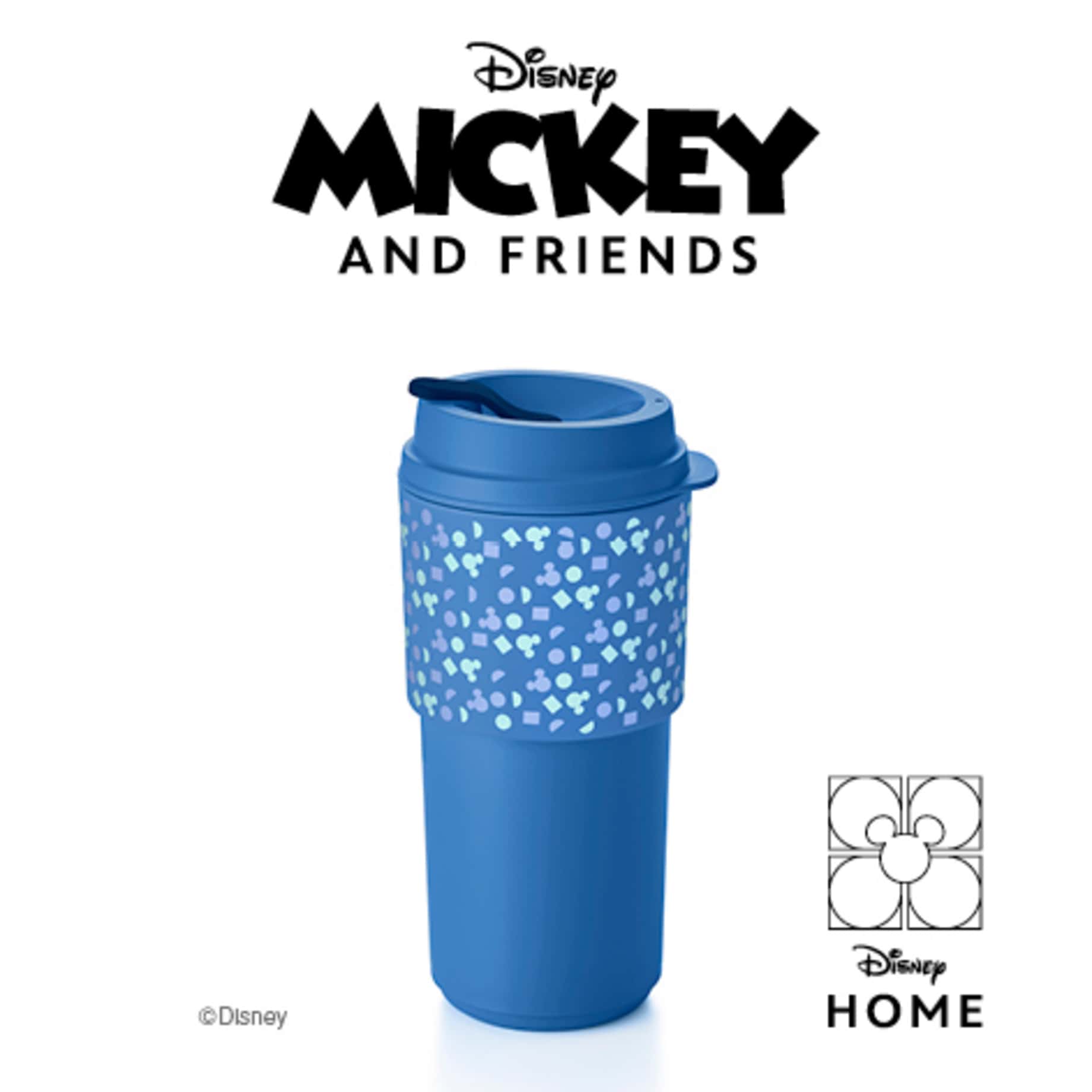 Eco+ Kaffeebecher 490 ml von der Marke Tupperware / in der Farbe Blau mit Mickey Mouse Design / mit Eco+ Straw / Umweltfreundlich & Nachhaltig / mit vor Hitze Schützender Banderole /  Isolierbehälter / Hier direkt online kaufen 