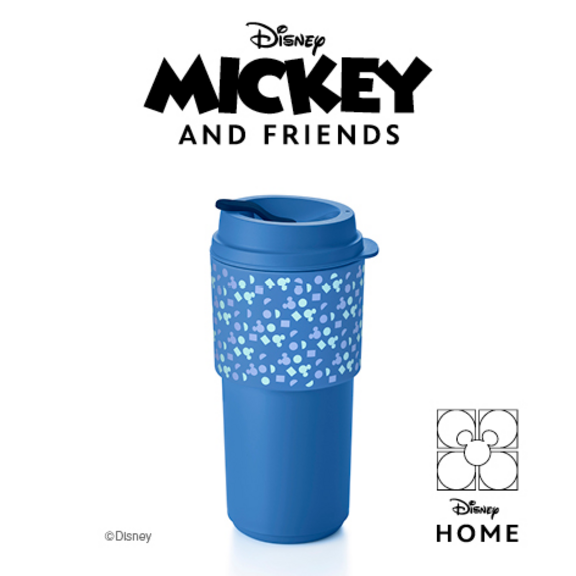 Eco+ Kaffeebecher 490 ml von der Marke Tupperware / in der Farbe Blau mit Mickey Mouse Design / mit Eco+ Straw / Umweltfreundlich & Nachhaltig / mit vor Hitze Schützender Banderole /  Isolierbehälter / Hier direkt online kaufen 