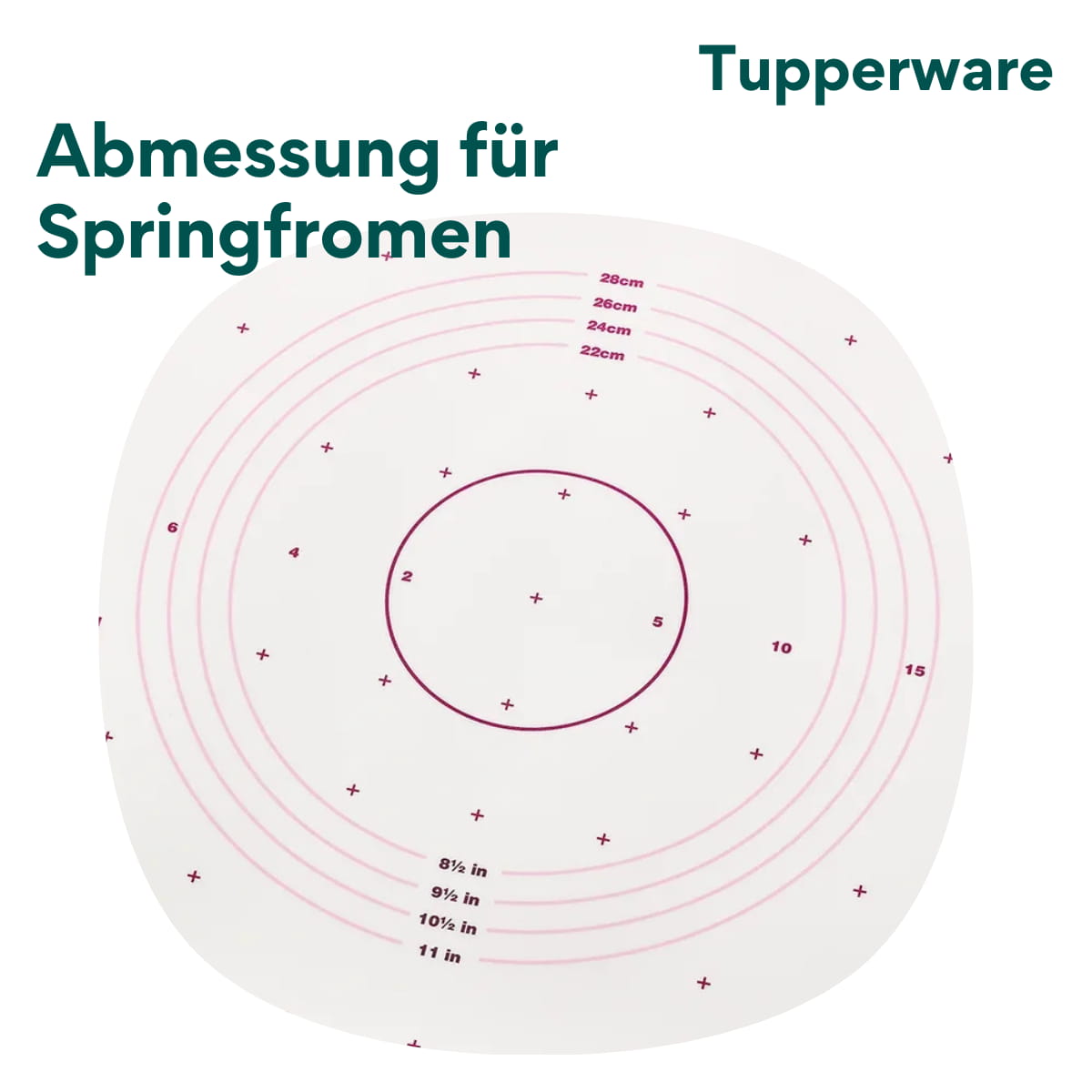 Teigunterlage von der Marke Tupperware / rutschfest / Praktisch und Ideal für alle Großen und kleinen Backkünstler / mit Praktisch granulierter Oberfläche / mit Markierungen von Handelsüblichen Springformen, Backblechen und Umrechnungstabellen / Nahaufnahme Abmessung für Springformen / Hier direkt online kaufen 