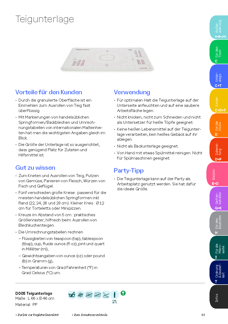 Teigunterlage von der Marke Tupperware / rutschfest / Praktisch und Ideal für alle Großen und kleinen Backkünstler / mit Praktisch granulierter Oberfläche / mit Markierungen von Handelsüblichen Springformen, Backblechen und Umrechnungstabellen / Produktratgeber Produktinformationen /  Hier direkt online kaufen 