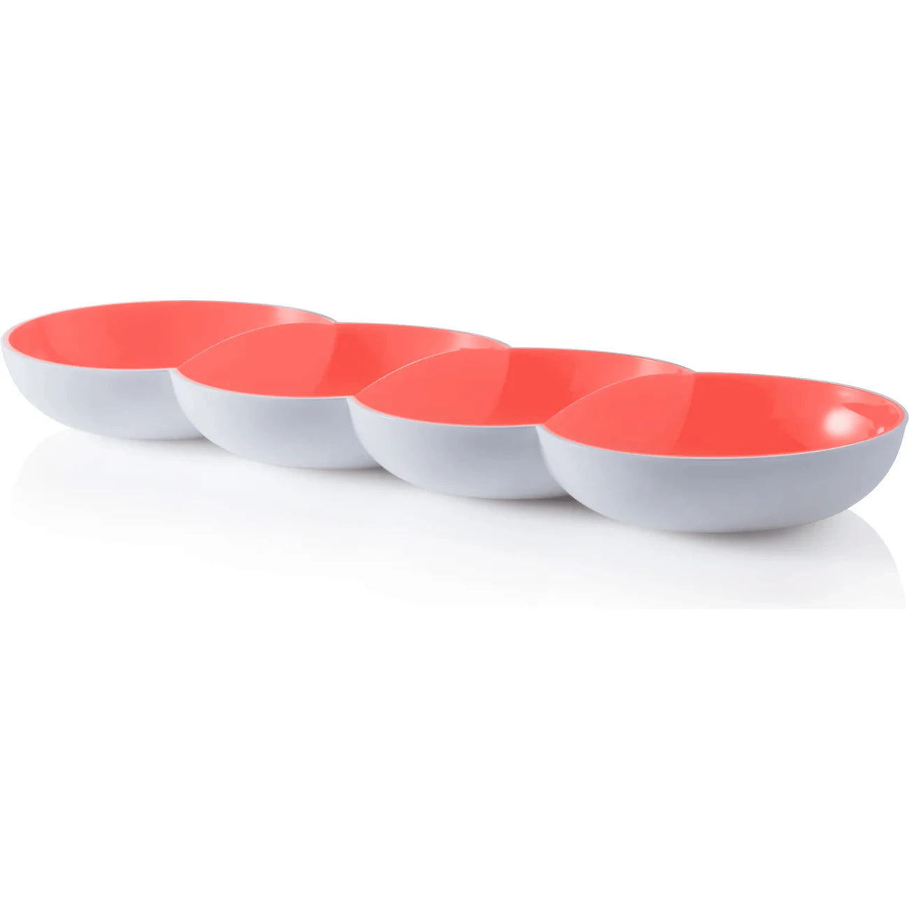 Tupperware Allegra Servier-Perle in Lachs, Seitenansicht: vier verbundene Schalen für Dips und Snacks