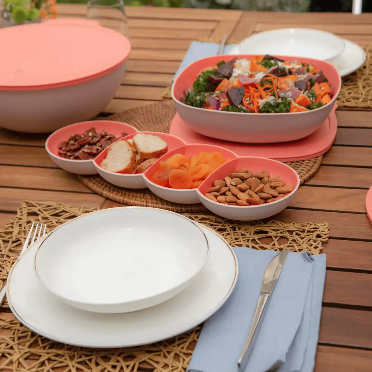 Tupperware Allegra Servier-Perle Lachs auf dem Gartentisch mit Nüssen, Brot und Aprikosen, Allegra-Schüsseln daneben