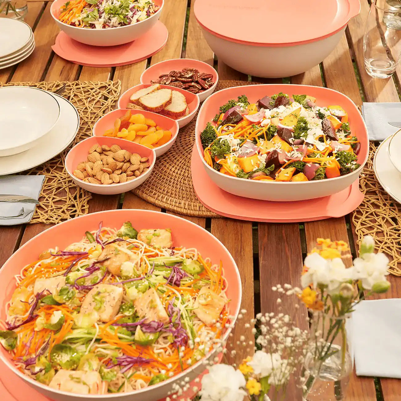Tupperware Allegra Servier-Perle Lachs mit Nüssen, Brot und Aprikosen im Allegra-Serviersortiment auf dem Gartentisch