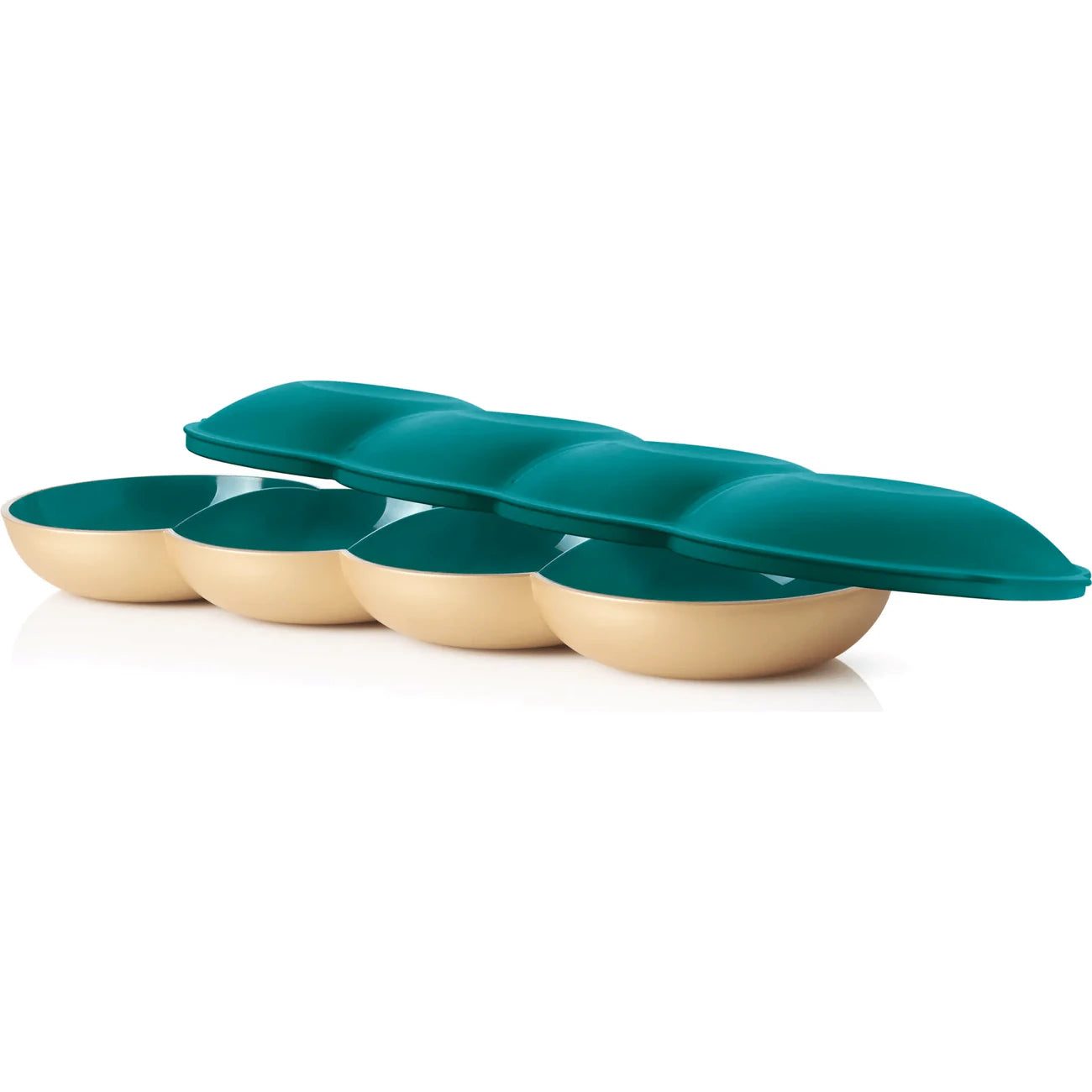 Tupperware Allegra Servier-Top Petrol schwebend über der Allegra Servier-Perle – passender Deckel für die vierteilige Servierschale