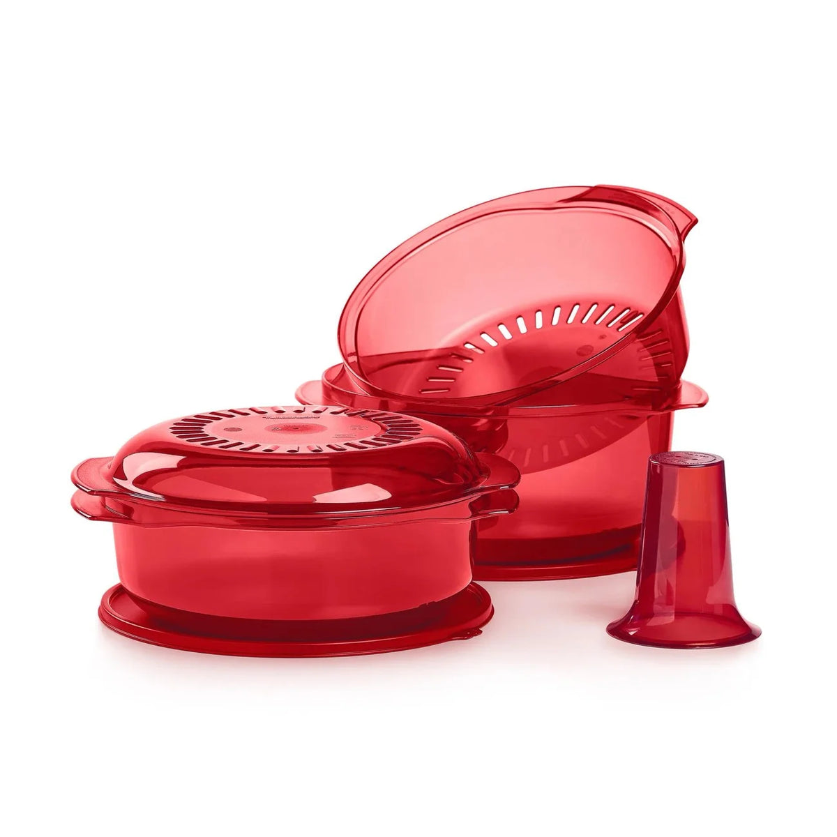 Tupperware Micro Gar-Set Rot – stapelbare Kasserollen 3,0 und 1,75 Liter mit Siebeinsatz und Kegel