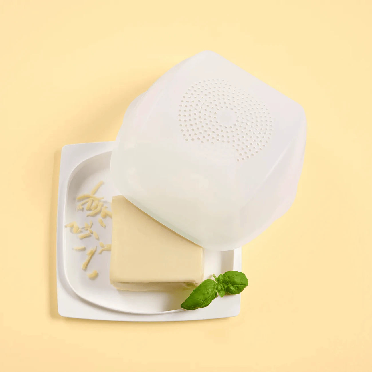 Tupperware Junior KäseMaX mit Käsestück und Basilikum auf der Bodenplatte, Deckel mit Belüftungsfilter, Draufsicht