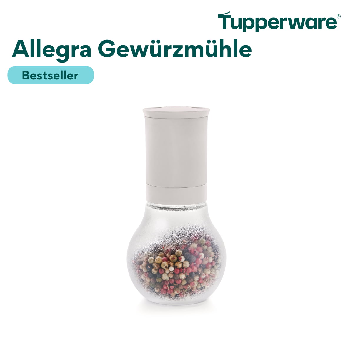 Allegra Gewürzmühle mit Keramikmahlwerk von der Marke Tupperware in der Farbe Weiß / Gewürzmühle / Große Nachfüll Öffnung / Fein oder Grob Mahlen möglich / Spülmaschinen geeignet / Hier direkt online kaufen 