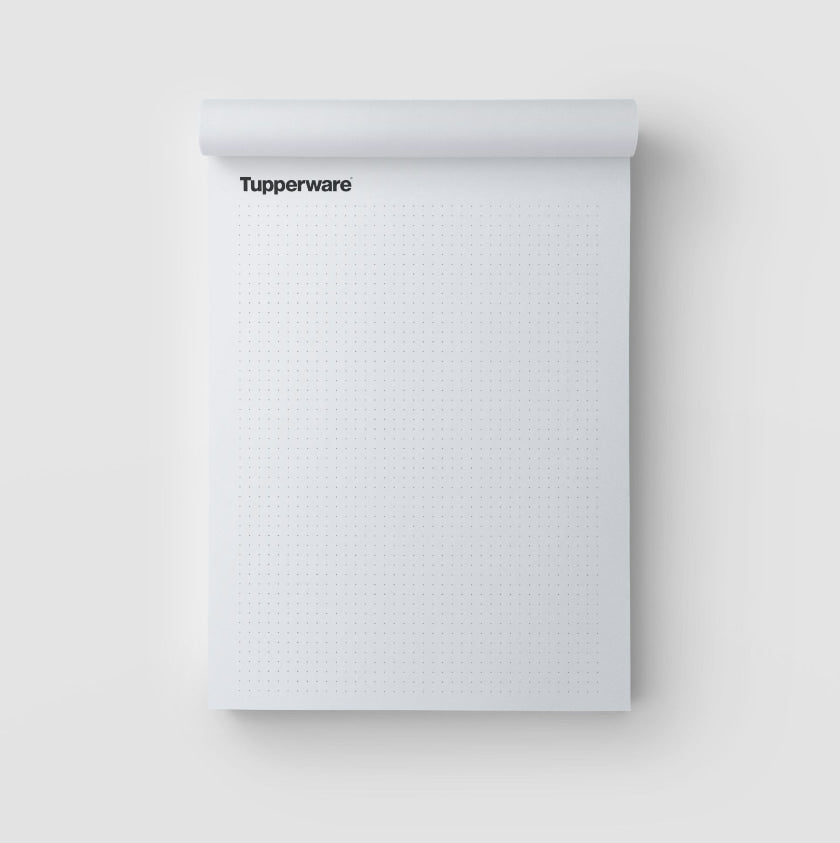 Schreibblock DIN A4 von der Marke Tupperware / mit Tupperware Aufdruck / am Kopf geleimt / weißes Offset Papier /  Hier direkt online kaufen 