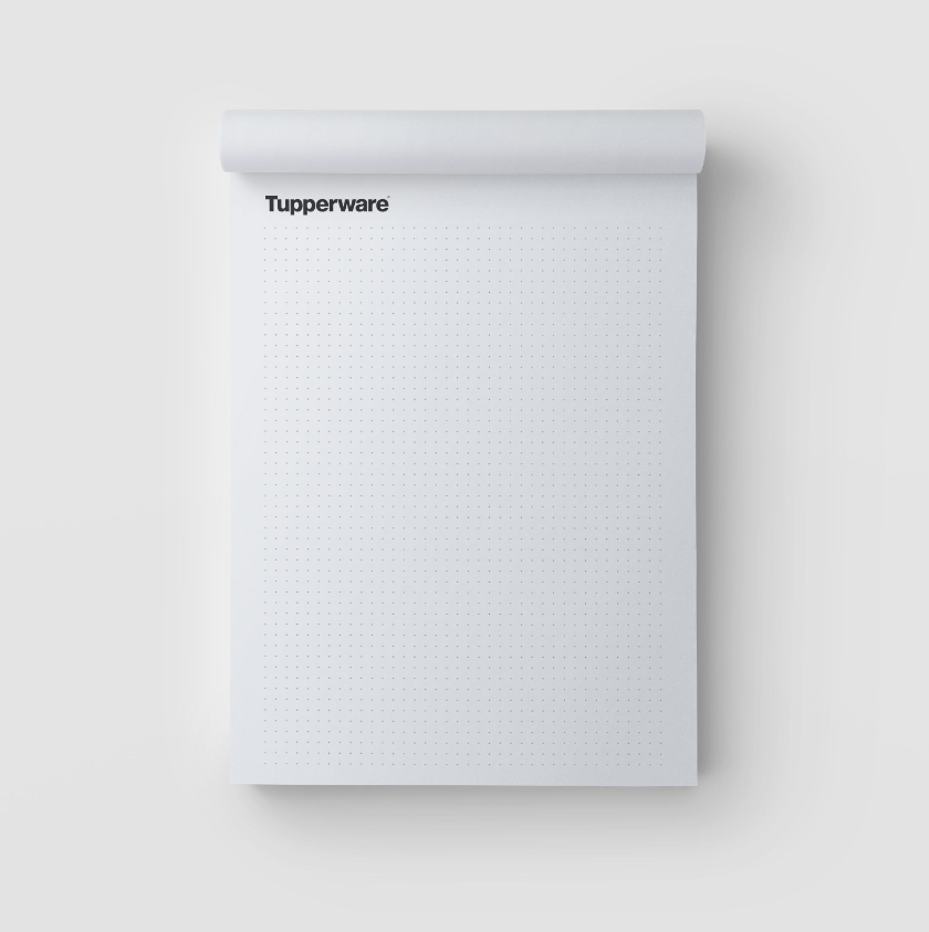 Schreibblock DIN A4 von der Marke Tupperware / mit Tupperware Aufdruck / am Kopf geleimt / weißes Offset Papier /  Hier direkt online kaufen 