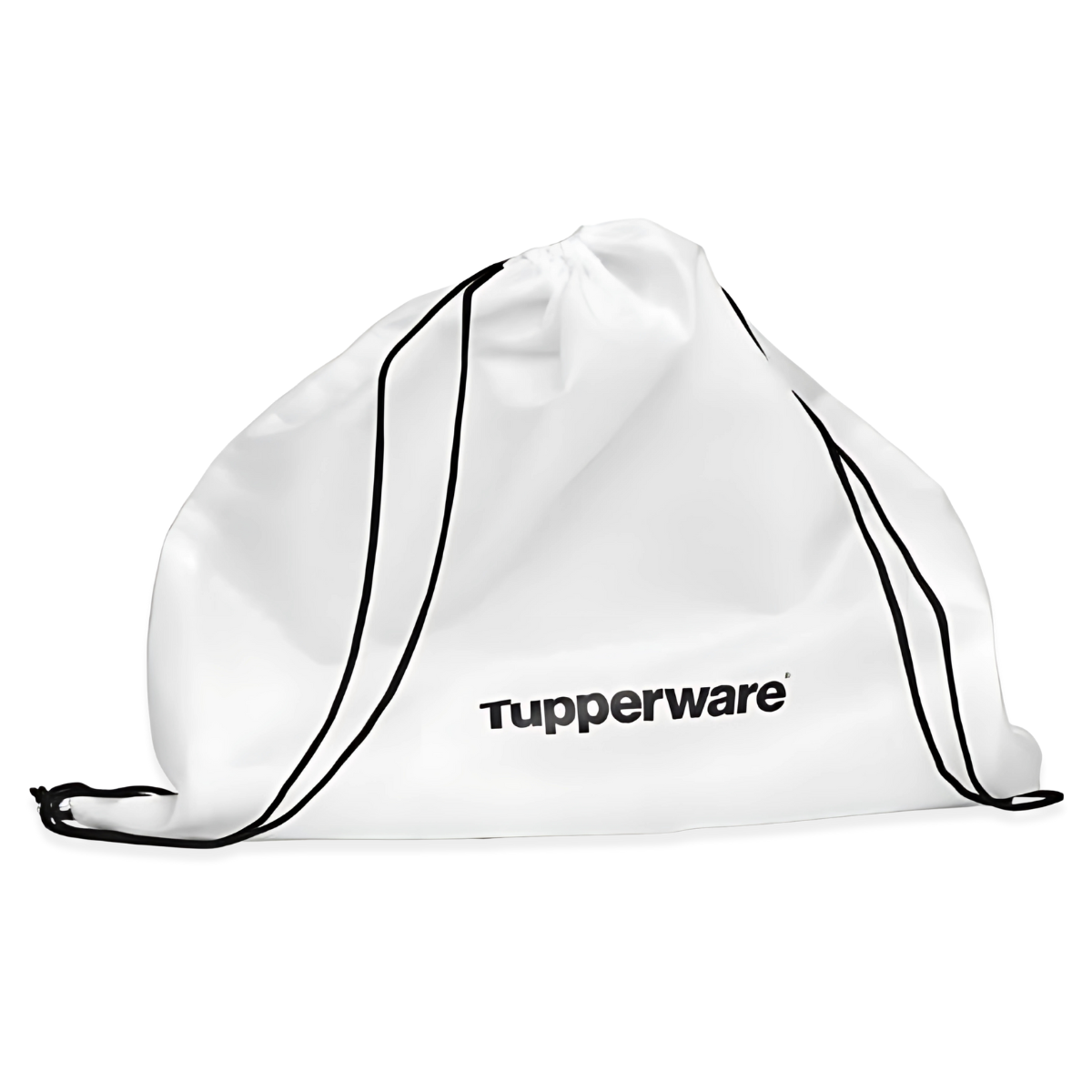 Klassik Großer Zugbeutel von der Marke Tupperware / Weißer Beutel mit Schwarzen Schnüren / mit Schwarzen Tupperware Schriftzug / Einkaufs und Sporttasche / aus recyceltem PET- Material / Hier direkt online kaufen