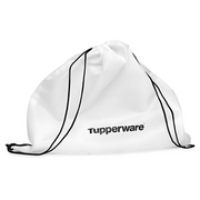 Klassik Großer Zugbeutel von der Marke Tupperware / Weißer Beutel mit Schwarzen Schnüren / mit Schwarzen Tupperware Schriftzug / Einkaufs und Sporttasche / aus recyceltem PET- Material / Hier direkt online kaufen