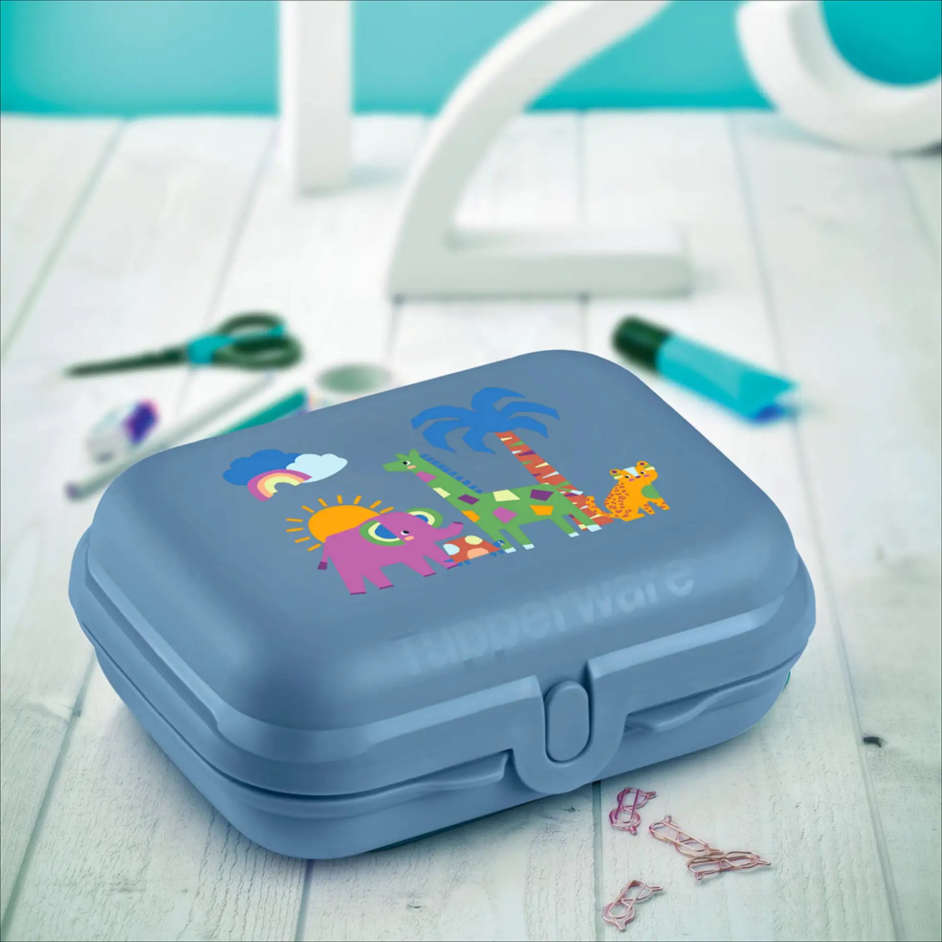 Kleiner Oyster Twin von der Marke Tupperware / in der Farbe Blau mit Safari Design / Snackbox / Ideal für Kinder / Seidenmatte Oberfläche / handlich dank Abgerundeter Form / Perfekt für kleine Snacks zwischendurch / Ansicht Oyster Box von Oben / Hier direkt online kaufen
