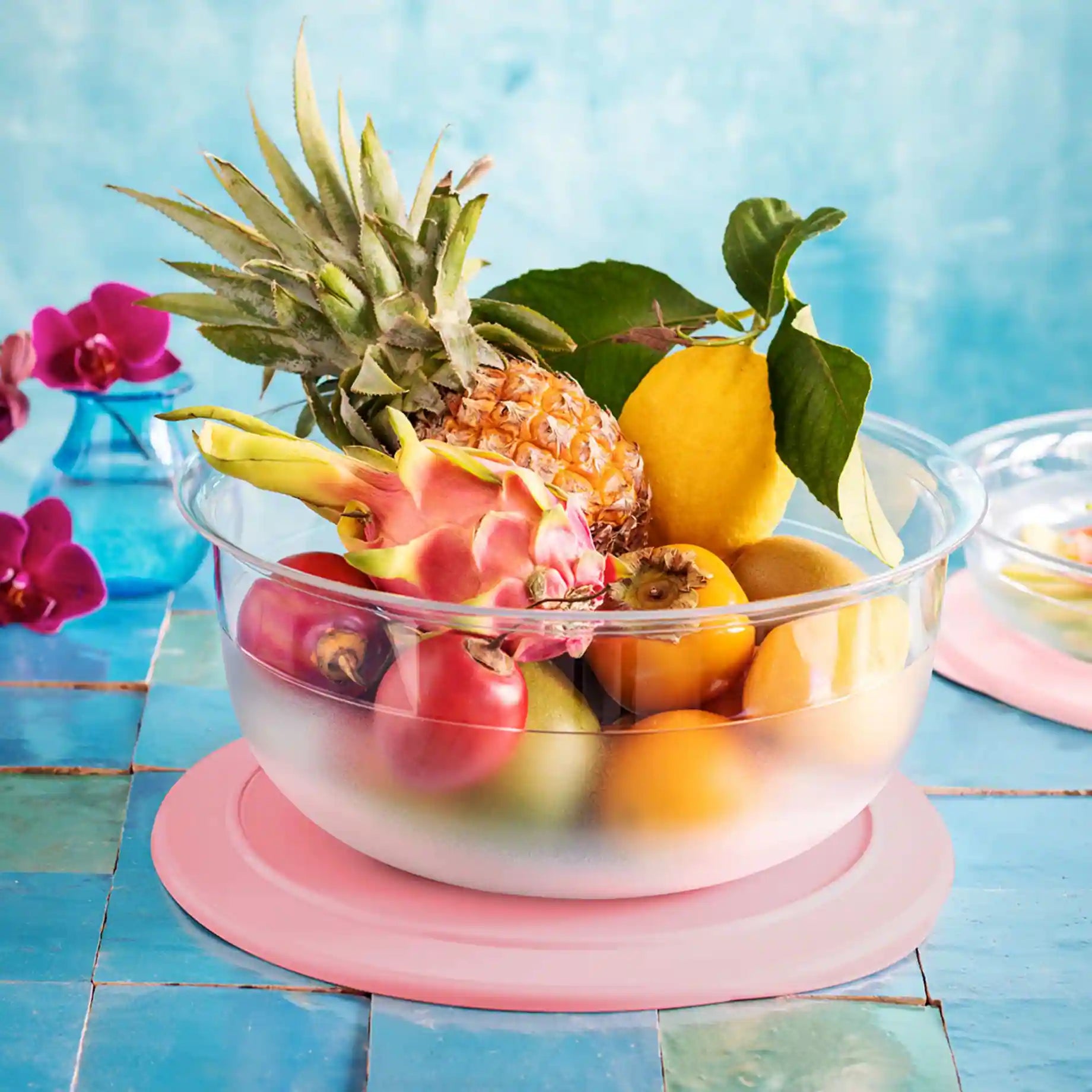 Maxi Tafelperle 6,0l von der Marke Tupperware / Perfekt für jedes Buffet / zum Transport und Frischalten von Salaten, Nachtisch, Bowle oder auch Obst / eignet sich auch als Abdeckung von Gugelhupfs Beispielbild gefüllt mit Obst / Hier direkt online kaufen 