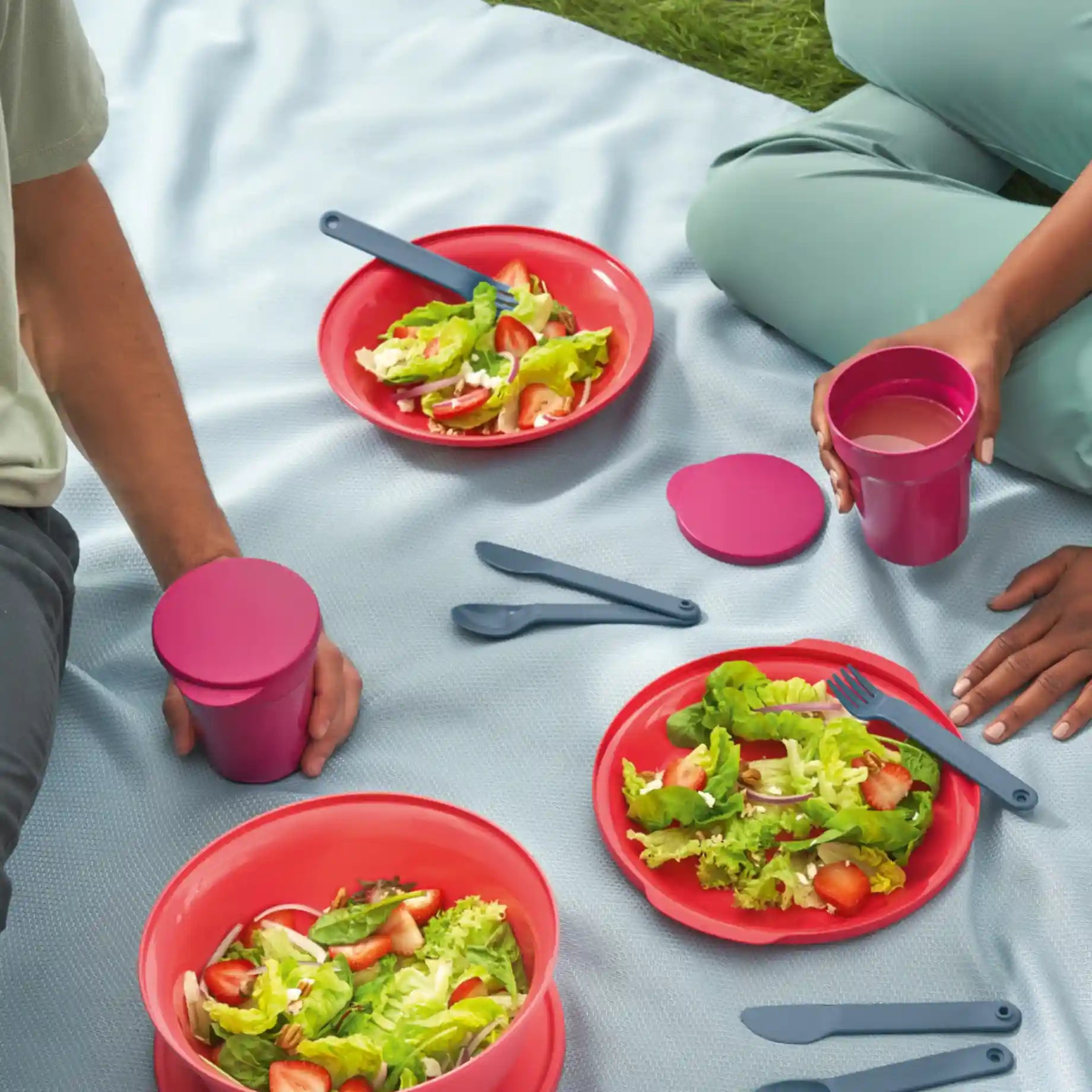 Aloha Becher 470ml mit Deckel von der Marke Tupperware in der Farbe Beere / robust und wieder verwendbar / Auf dem Bild beim Picknick zusehen / Hier direkt online kaufen