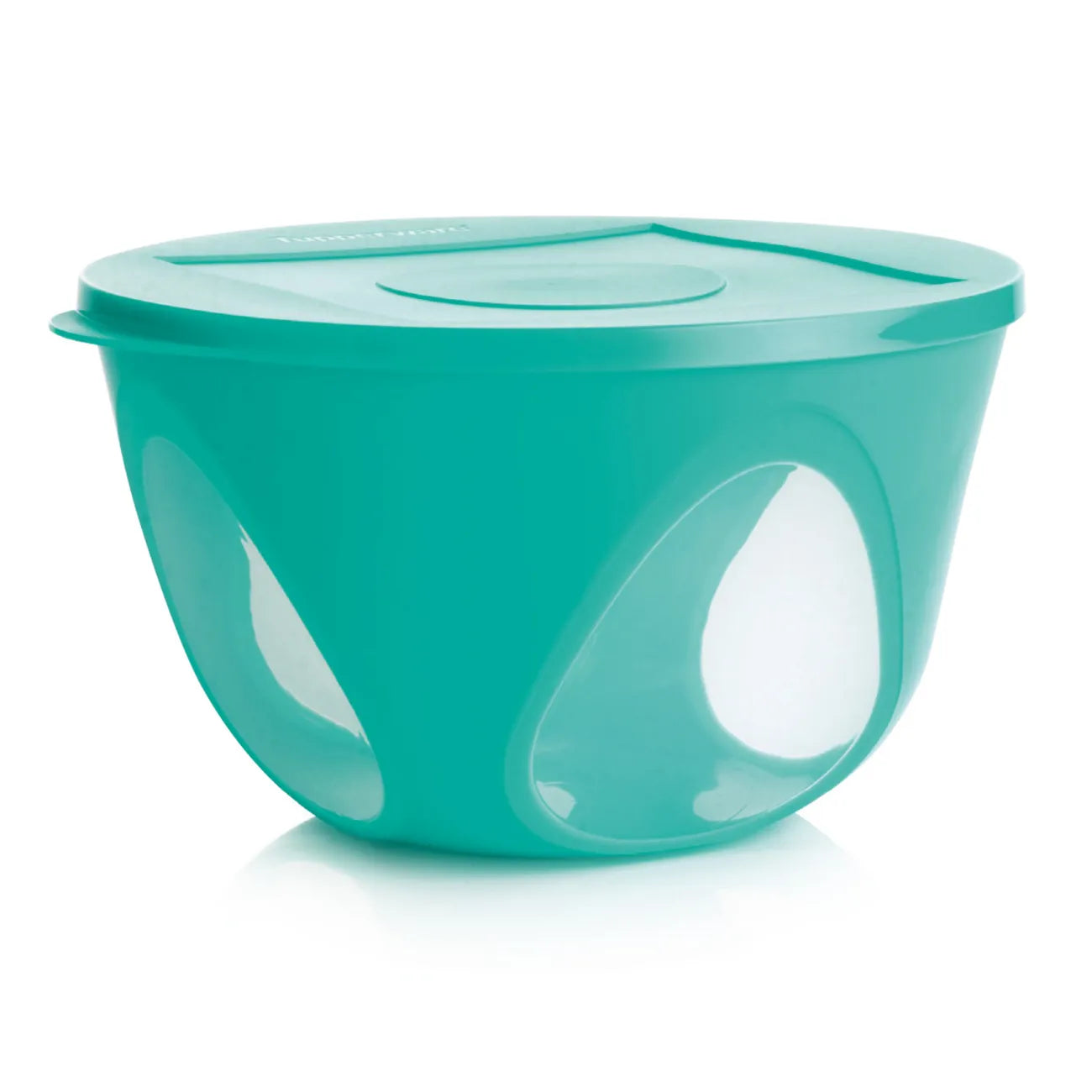 Mediterano 4,3l mit Deckel in Grün von der Marke Tupperware / Moderne Form mit Transparenten Bogenfenstern / zum Transportieren, Anrichten, Vorbereiten und Servieren / Ansicht von der Seite / Hier direkt online kaufen
