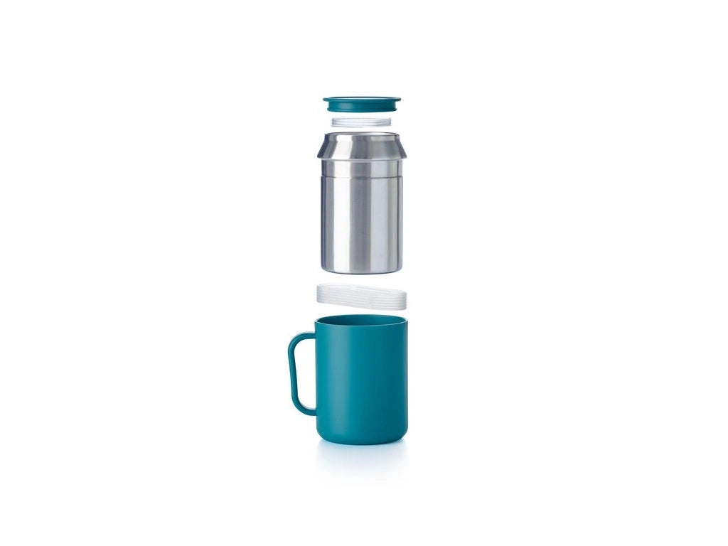 Isobecher 400ml von der Marke Tupperware / aus hochwertigem Edelstahl / Perfekt für Büro oder Home Office / mit Ergonomischen Griff / mit passendem Deckel / Infobild Becher Einzelteile / Hier direkt online kaufen