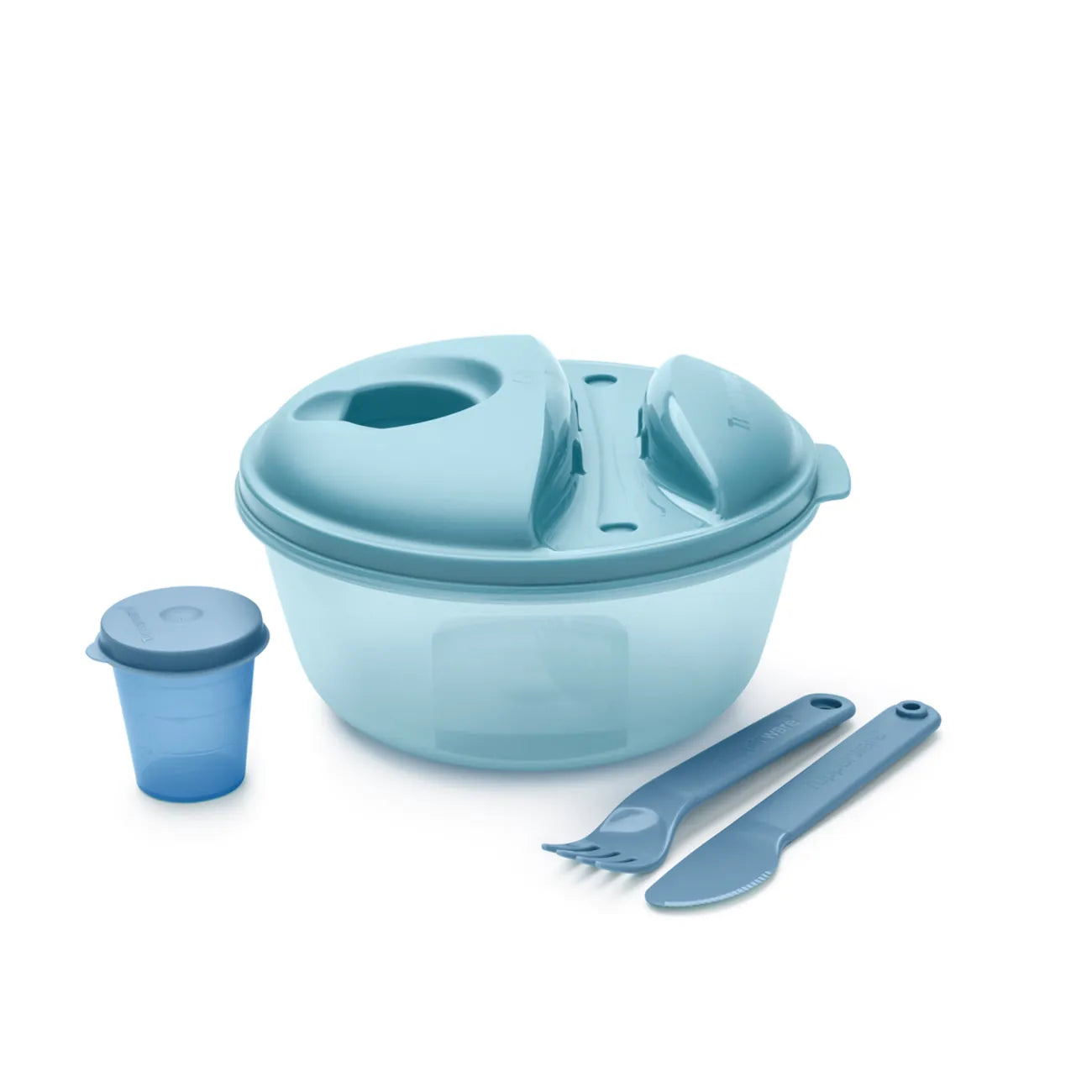 Salat To Go 1,4l Essential von der Marke Tupperware / zum Mitnehmen von Salat, Snacks und Ähnlichen / mit Besteck Halterung am Deckel / Extra Behälter für das Dressing / Perfekt für Picknick und Mittagspause / Hier direkt online kaufen 