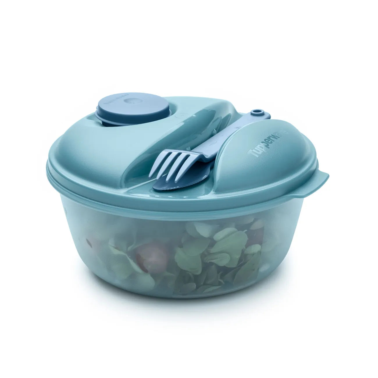 Salat To Go 1,4l Essential von der Marke Tupperware / zum Mitnehmen von Salat, Snacks und Ähnlichen / mit Besteck Halterung am Deckel / Extra Behälter für das Dressing / Perfekt für Picknick und Mittagspause / Beispielbild Set zusammengepackt / Hier direkt online kaufen 