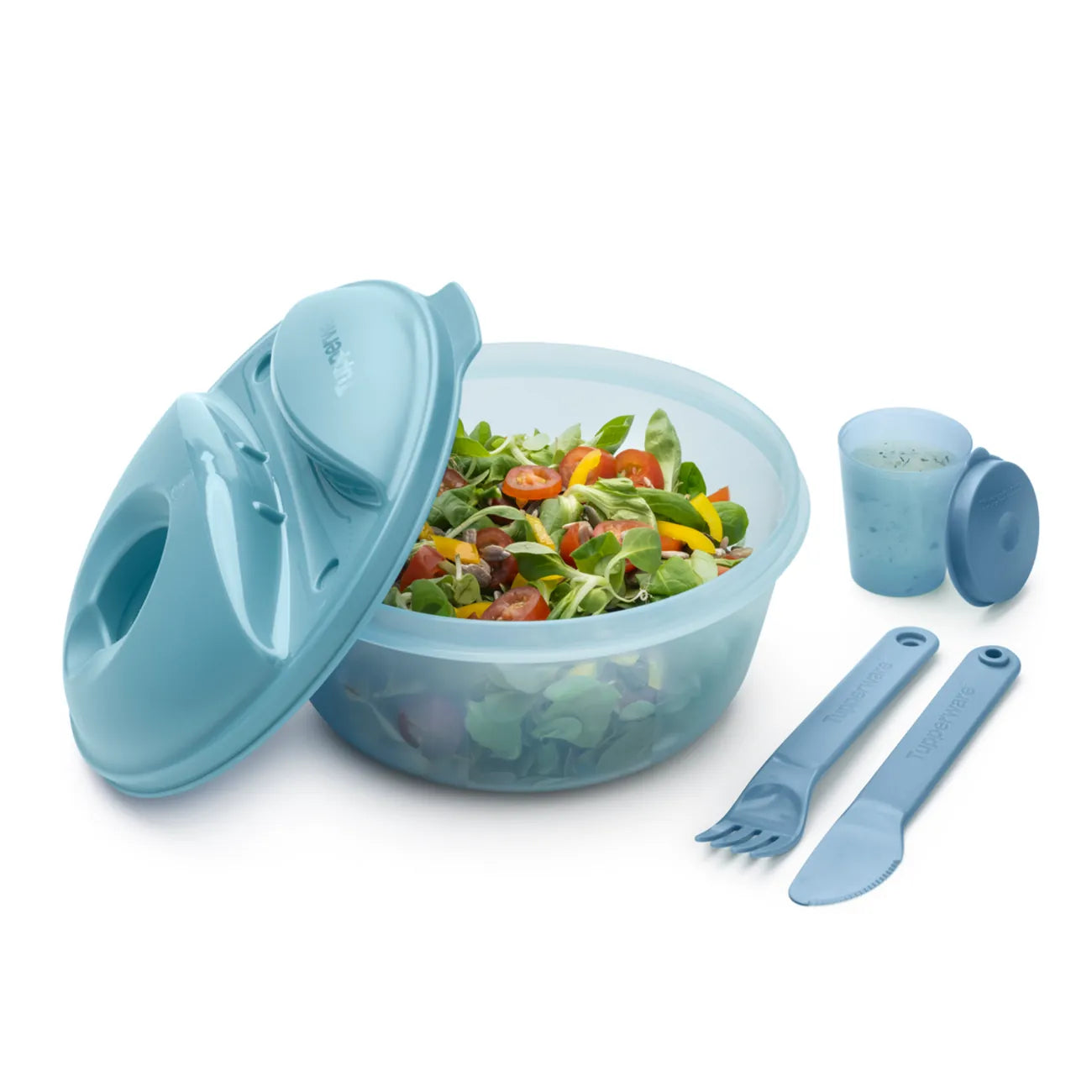 Salat To Go 1,4l Essential von der Marke Tupperware / zum Mitnehmen von Salat, Snacks und Ähnlichen / mit Besteck Halterung am Deckel / Extra Behälter für das Dressing / Perfekt für Picknick und Mittagspause / Auf dem Bild alle Teile im Überblick / Hier direkt online kaufen 