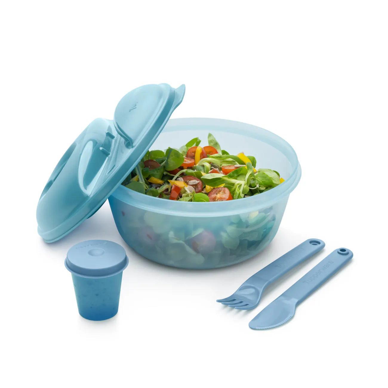 Salat To Go 1,4l Essential von der Marke Tupperware / zum Mitnehmen von Salat, Snacks und Ähnlichen / mit Besteck Halterung am Deckel / Extra Behälter für das Dressing / Perfekt für Picknick und Mittagspause / Auf dem Bild alle Teile im Überblick 2 / Hier direkt online kaufen 