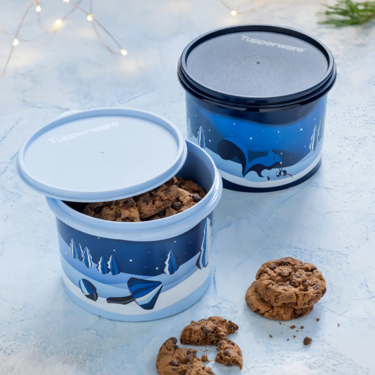 Winter-Set Winterzauber Runde 1,1 l Rundix von der Marke Tupperware / 2 Behälter / Ideal zum Frischalten und Aufbewahren / Stapelbar / in Winter Wonder Design / Luft und Wasserdichter Deckel / Platzsparend / Beispielbild gefüllt mit Plätzchen / Hier direkt online kaufen 