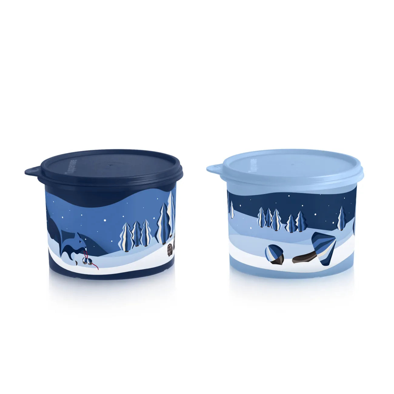 Winter-Set Winterzauber Runde 1,1 l Rundix von der Marke Tupperware / 2 Behälter / Ideal zum Frischalten und Aufbewahren / Stapelbar / in Winter Wonder Design / Luft und Wasserdichter Deckel / Platzsparend / Ansicht Behälter nebeneinander / Hier direkt online kaufen 