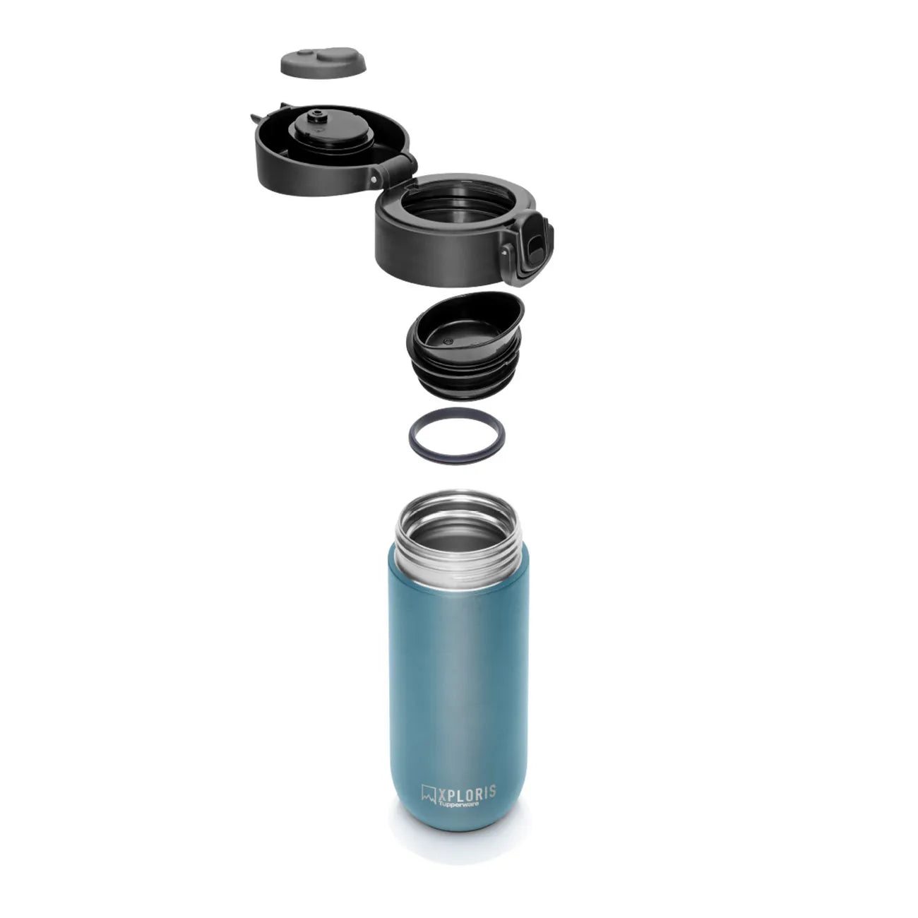 Xploris Trinkbecher 450ml von der Marke Tupperware / Stylisch und funktional / To Go Thermobehälter / Mit Sicherheitsverschluss / gut in der Hand haltbar / Übersichtbild alle Einzelteile / Hier direkt online kaufen  