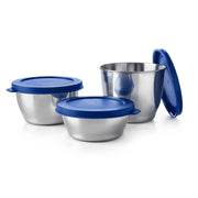 Tiffin Clear Line Edelstahl Behälter Set von der Marke Tupperware / 3 Behälter - 200ml, 300ml und 450ml / Edelstahl Schüsseln mit Kunststoff Deckel /  zum Servieren und Mitnehmen / Einfach zu Reinigen / Hier direkt online kaufen 