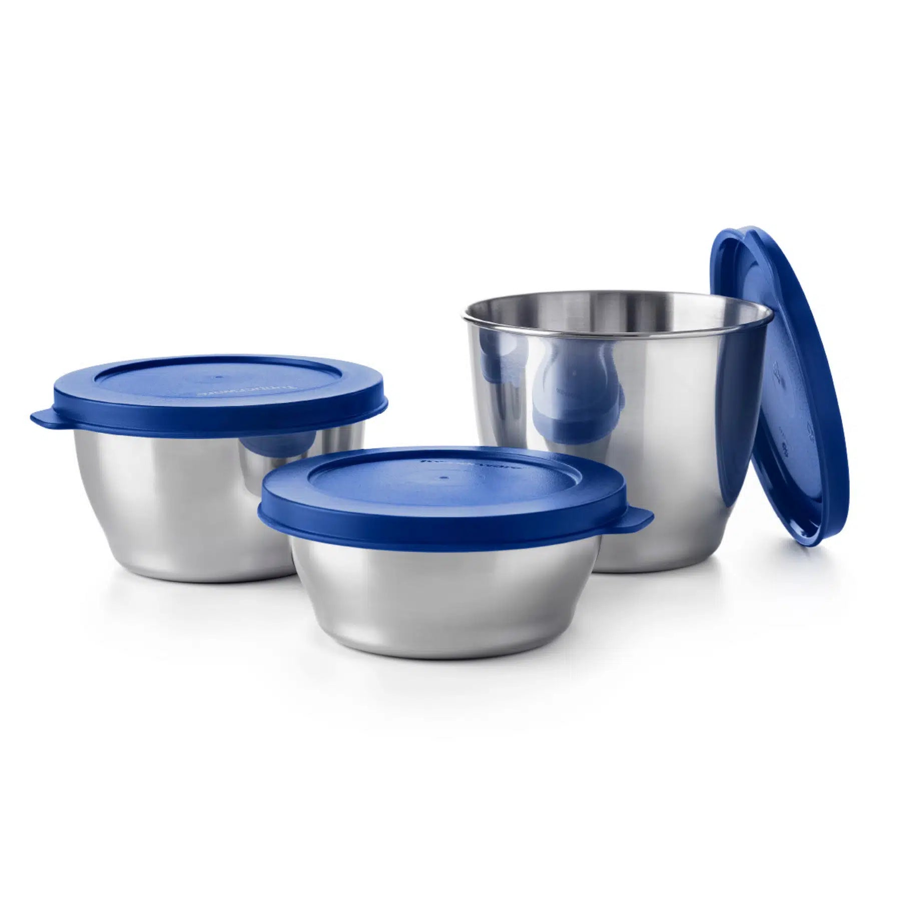 Tiffin Clear Line Edelstahl Behälter Set von der Marke Tupperware / 3 Behälter - 200ml, 300ml und 450ml / Edelstahl Schüsseln mit Kunststoff Deckel /  zum Servieren und Mitnehmen / Einfach zu Reinigen / Hier direkt online kaufen 