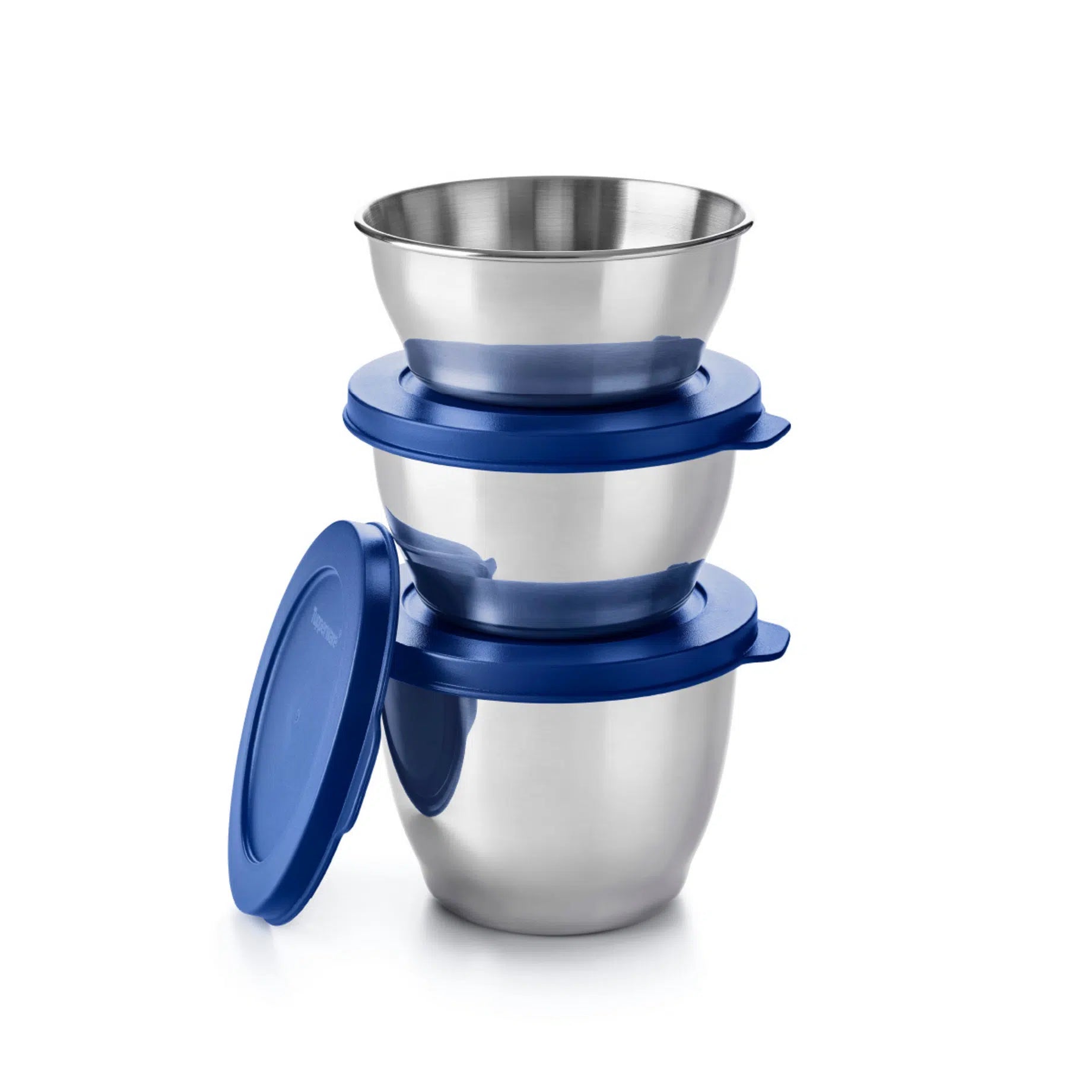 Tiffin Clear Line Edelstahl Behälter Set von der Marke Tupperware / 3 Behälter - 200ml, 300ml und 450ml / Edelstahl Schüsseln mit Kunststoff Deckel /  zum Servieren und Mitnehmen / Einfach zu Reinigen / Behälter übereinander gestapelt / Hier direkt online kaufen