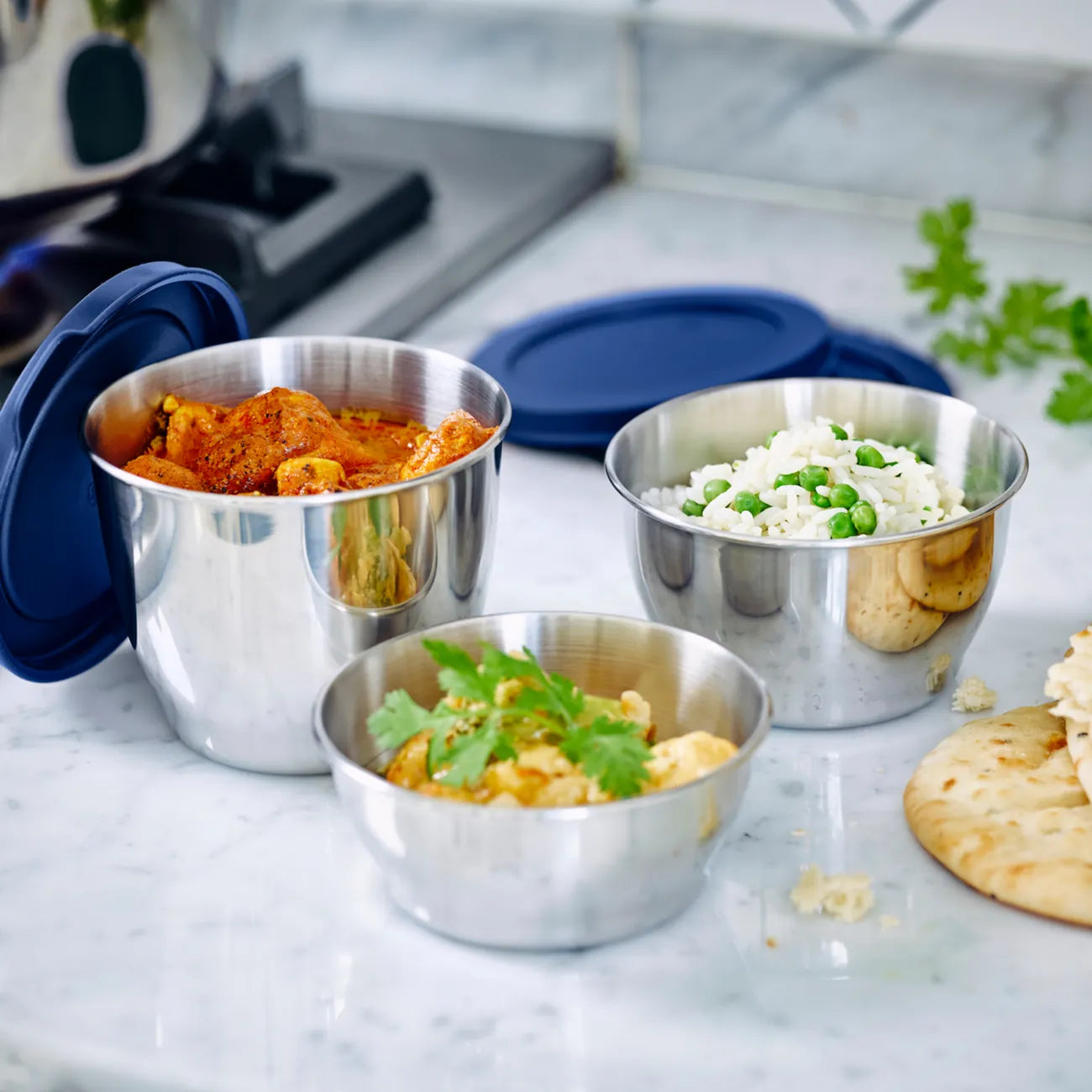 Tiffin Clear Line Edelstahl Behälter Set von der Marke Tupperware / 3 Behälter - 200ml, 300ml und 450ml / Edelstahl Schüsseln mit Kunststoff Deckel /  zum Servieren und Mitnehmen / Einfach zu Reinigen / Behälter mit Vorbereiteten Essen / Hier direkt online kaufen