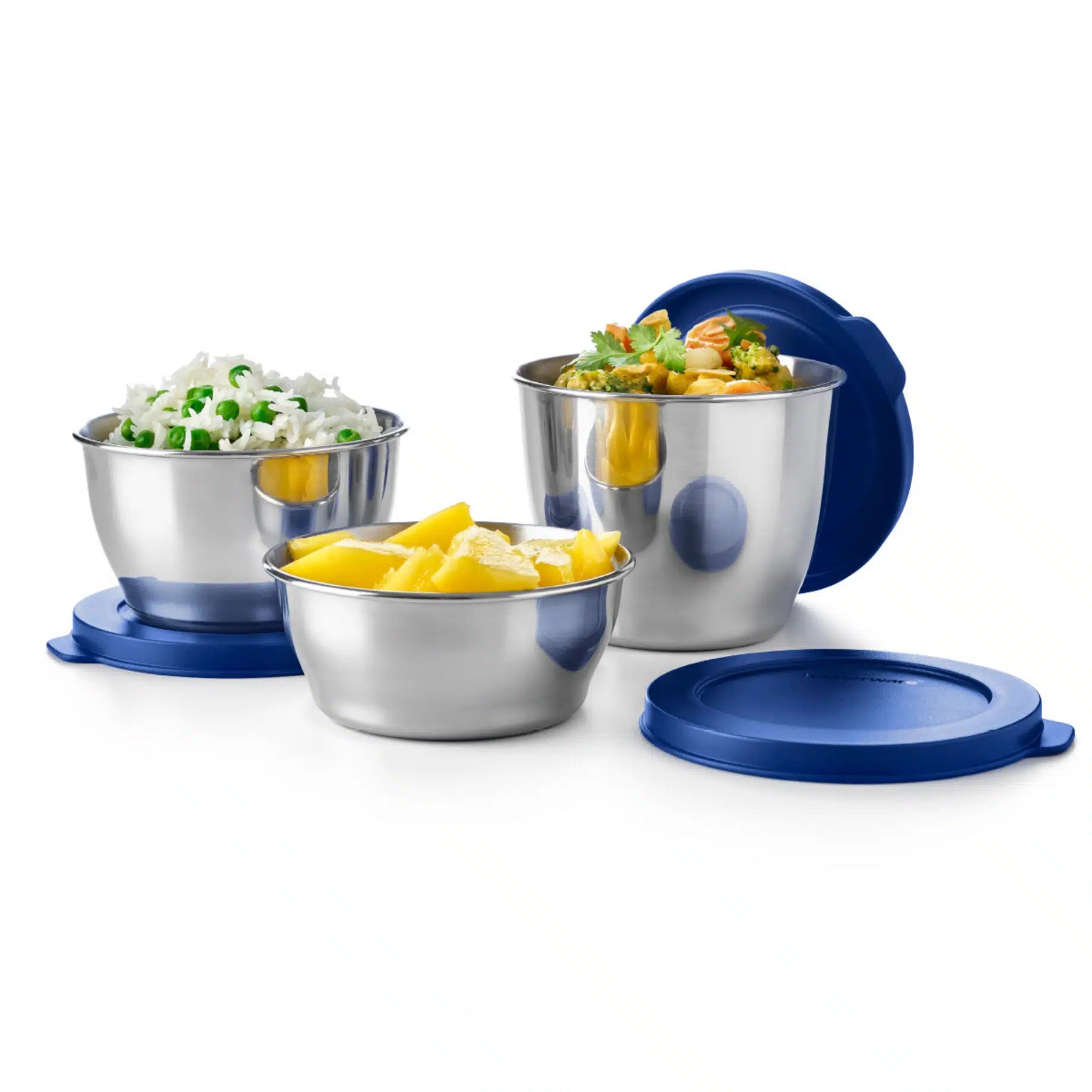 Tiffin Clear Line Edelstahl Behälter Set von der Marke Tupperware / 3 Behälter - 200ml, 300ml und 450ml / Edelstahl Schüsseln mit Kunststoff Deckel /  zum Servieren und Mitnehmen / Einfach zu Reinigen / Behälter mit Vorbereiteten Essen 2 / Hier direkt online kaufen