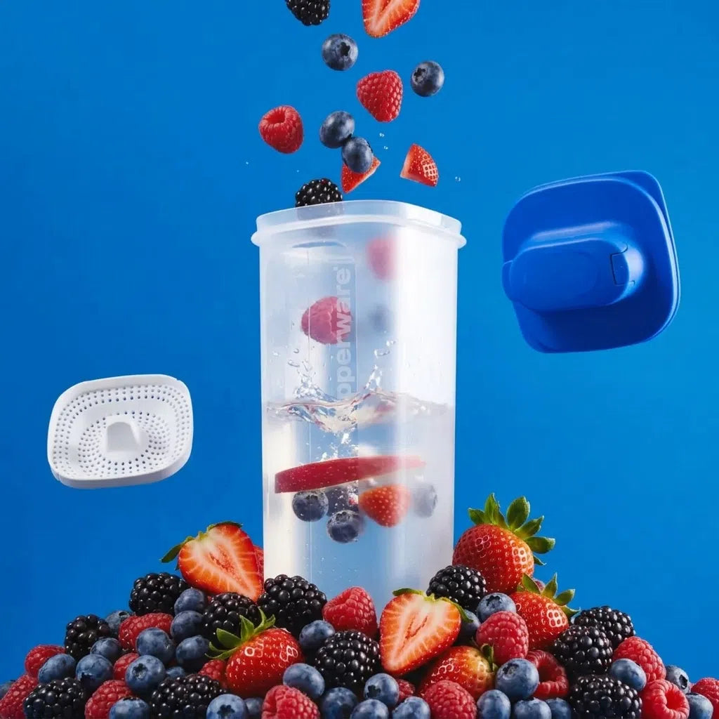 Tupperware Kanne 2 L mit Sieb | Slim Line Erfrischer | Neuer Deckel | Blau C187 Aufbewahrung / Slim Line Kanne 2l mit Sieb von der Marke Tupperware / auslaufsicher und langlebig / Ideal zum Aufbewahren und Servieren / Passt in die Kühlschranktür / Einfach zu halten / Ideal für Unterwegs / Spülmaschienenfest / Ansicht mit Obst und Wasser gefüllt / Hier direkt online kaufen