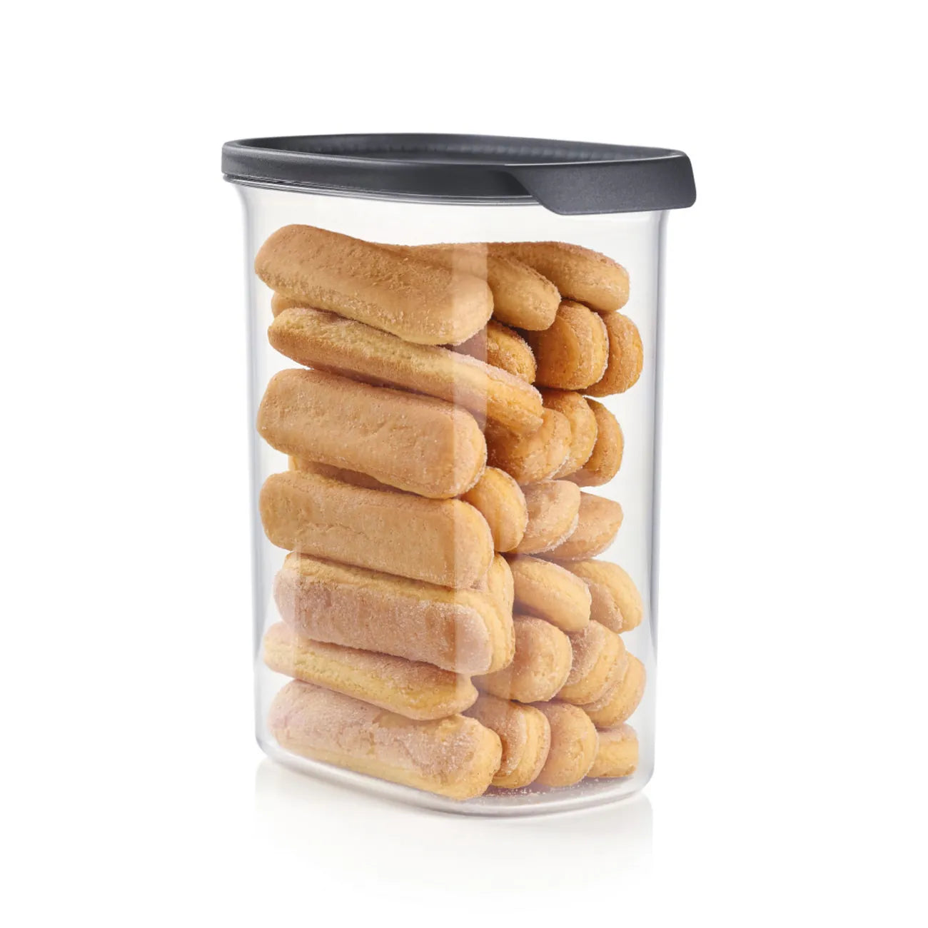 Ultra Clear 2,2l in Oval von der Marke Tupperware / alles Frisch und Ordentlich Aufbewahren / zum Aufbewahren von Großen Mengen / aus durchsichtigem Material / modular Stapelbar / luftdichte und leicht zu öffnende Deckel / Beispielbild Behälter gefüllt mit Backzutaten / Hier direkt online kaufen 