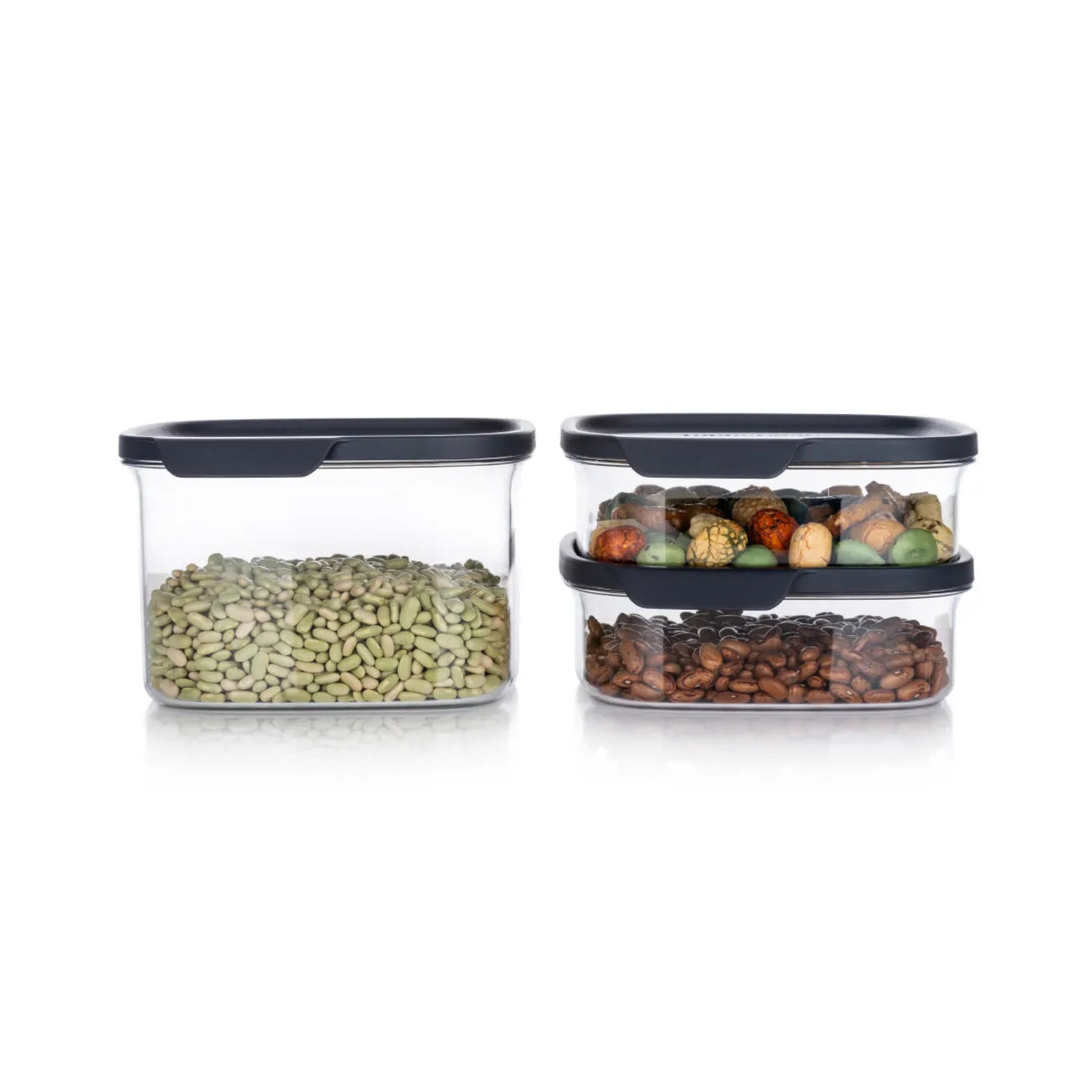 Ultra Clear 1,7l in eckig von der Marke Tupperware / Elegant und Langlebig / Stapelbar / mit Luft und Aromadichtem Deckel / leicht zu öffnen / Klarsicht Behälter / Perfekt für Kühlschrank, Arbeitsplatte und Vorratskammer / Beispielbild Behälter gefüllt & gestapelt 3 / Hier direkt online kaufen 