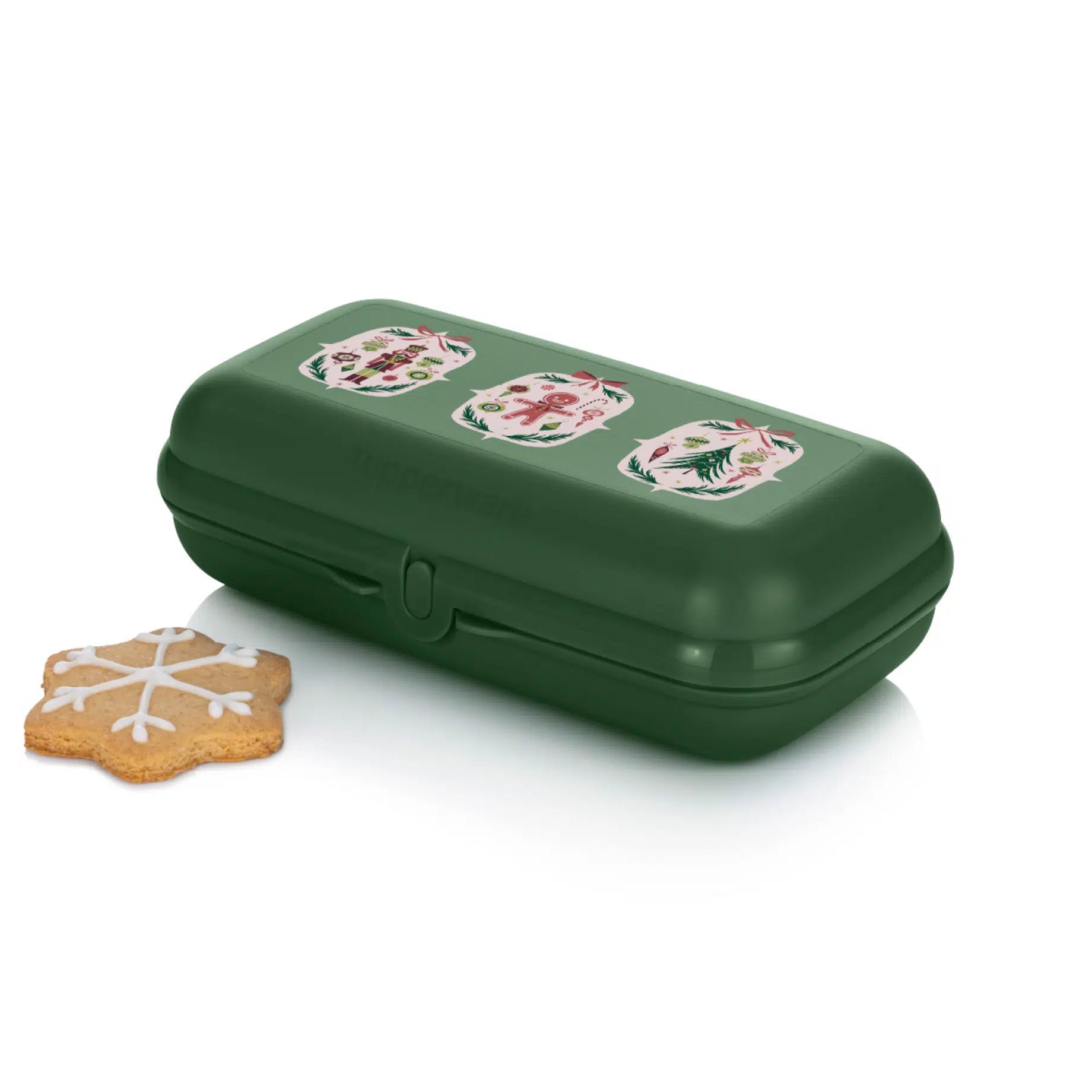 Maxi Twin Oyster Grün Xmas von der Marke Tupperware / Brot und Lunchbox / mit Weihnachtlichen  Design / Robuste Brotbox / Perfekt zum Mitnehmen oder Verschenken / Kinder freundlicher Verschluss / Vielseitig einsetzbar / Ansicht von Vorne 2 / Hier direkt online kaufen