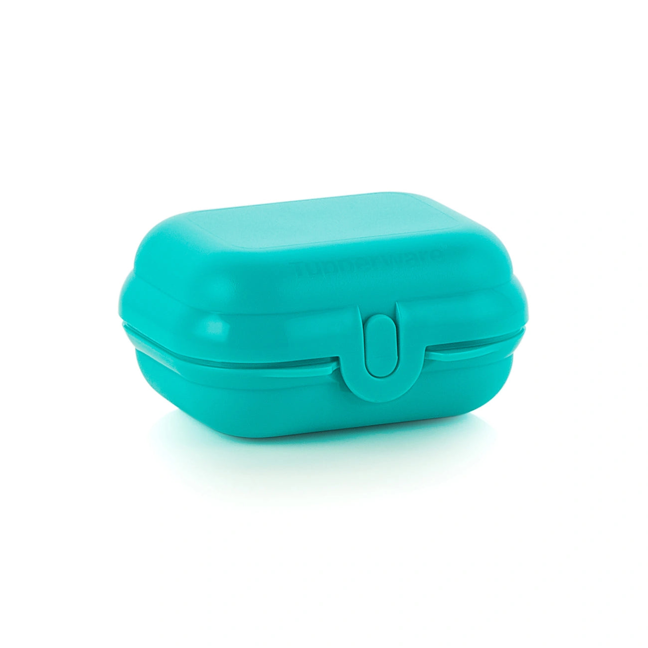 Oyster Mini Brotbox in der Farbe Türkis von der Marke Tupperware / Perfekt zum Aufbewahren von Kleinigkeiten / leicht zu Öffnen / handlich dank abgerundeter Form / Auslaufsicher / Ansicht Oyster von Vorne / Hier direkt online kaufen  