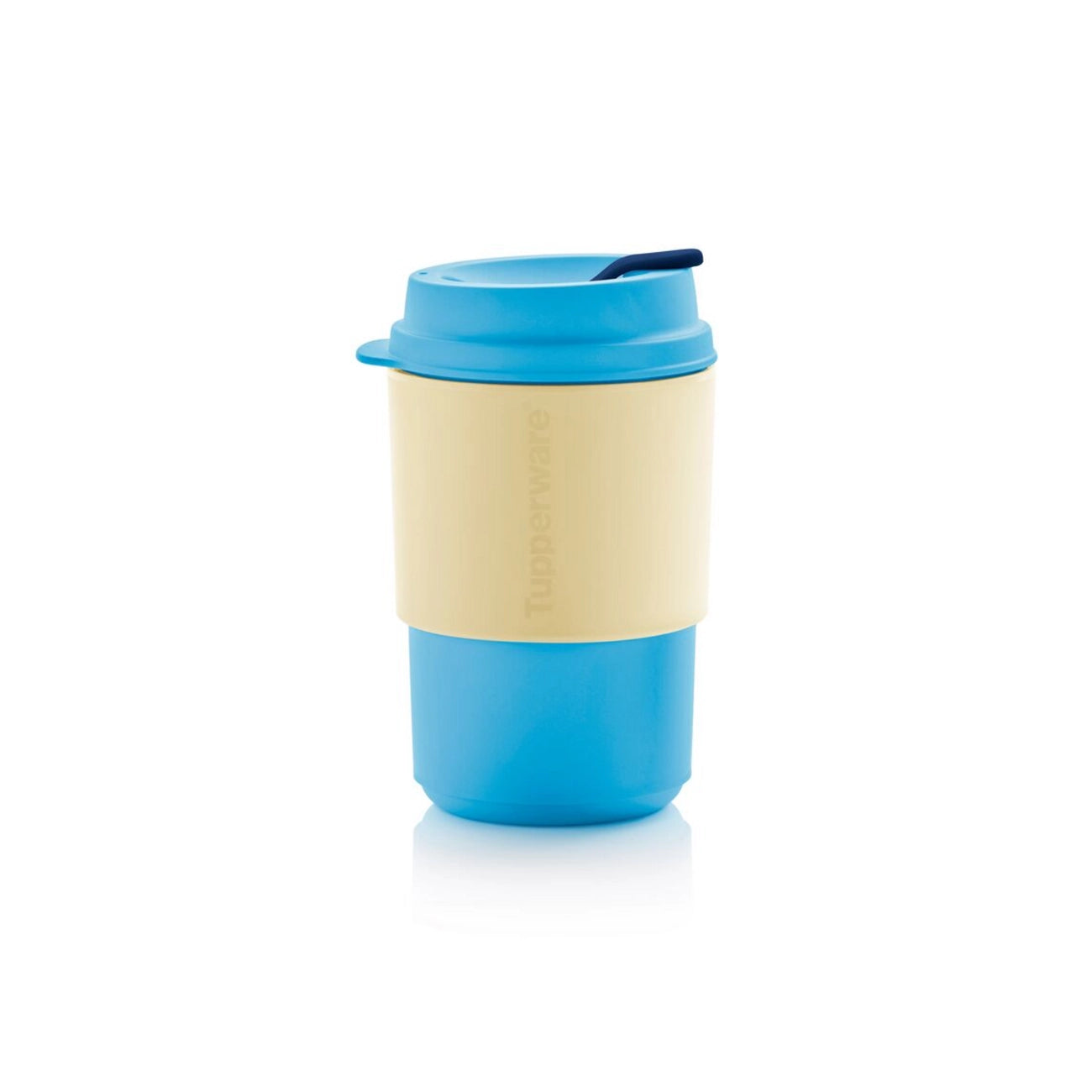 Eco+ Kaffeebecher 350 ml von der Marke Tupperware in der Farbe Blau-gelb /  in Trendiger Farbkombination / Umweltfreundlich & Nachhaltig  / Banderole schützt die Finger vor der Hitze und sorgt für einen guten Griff / Perfekt für den Alltag / Hier direkt online kaufen 