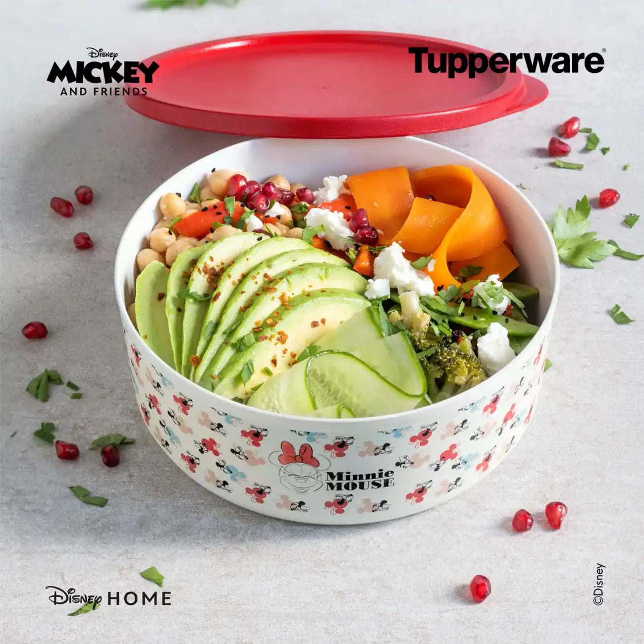 Cubix Rund von der Marke Tupperware / in Disney Minnie Mouse Design / mit Luftdichten Deckel / Aufbewahrungs- und Vorratsdose / Praktisch & Stylisch / Perfekt für alle Disney Fans / Beispielbild Cubix gefüllt mit Obst & Gemüse / Hier direkt online kaufen