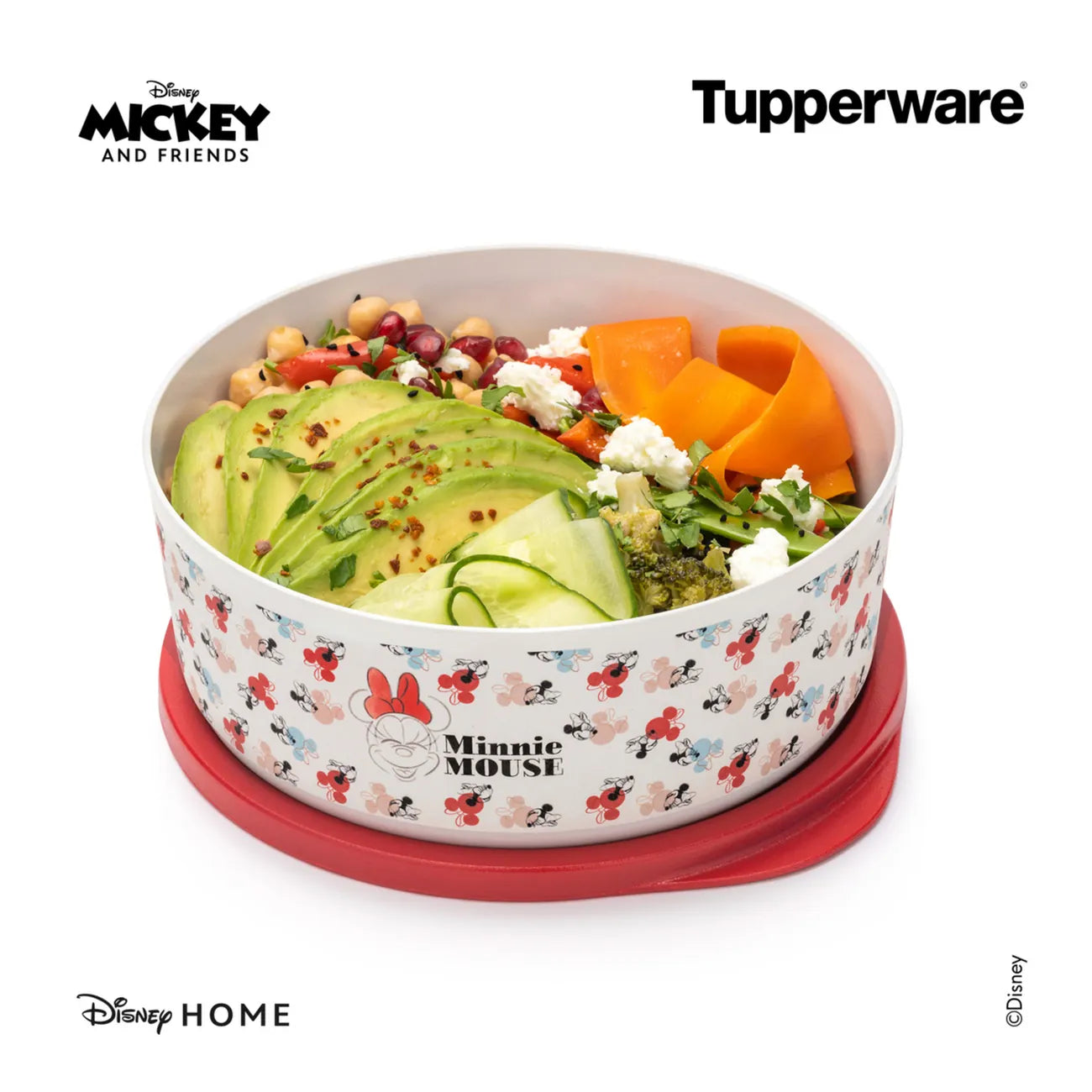 Cubix Rund von der Marke Tupperware / in Disney Minnie Mouse Design / mit Luftdichten Deckel / Aufbewahrungs- und Vorratsdose / Praktisch & Stylisch / Perfekt für alle Disney Fans / Beispielbild Cubix gefüllt mit Obst & Gemüse 2 / Hier direkt online kaufen