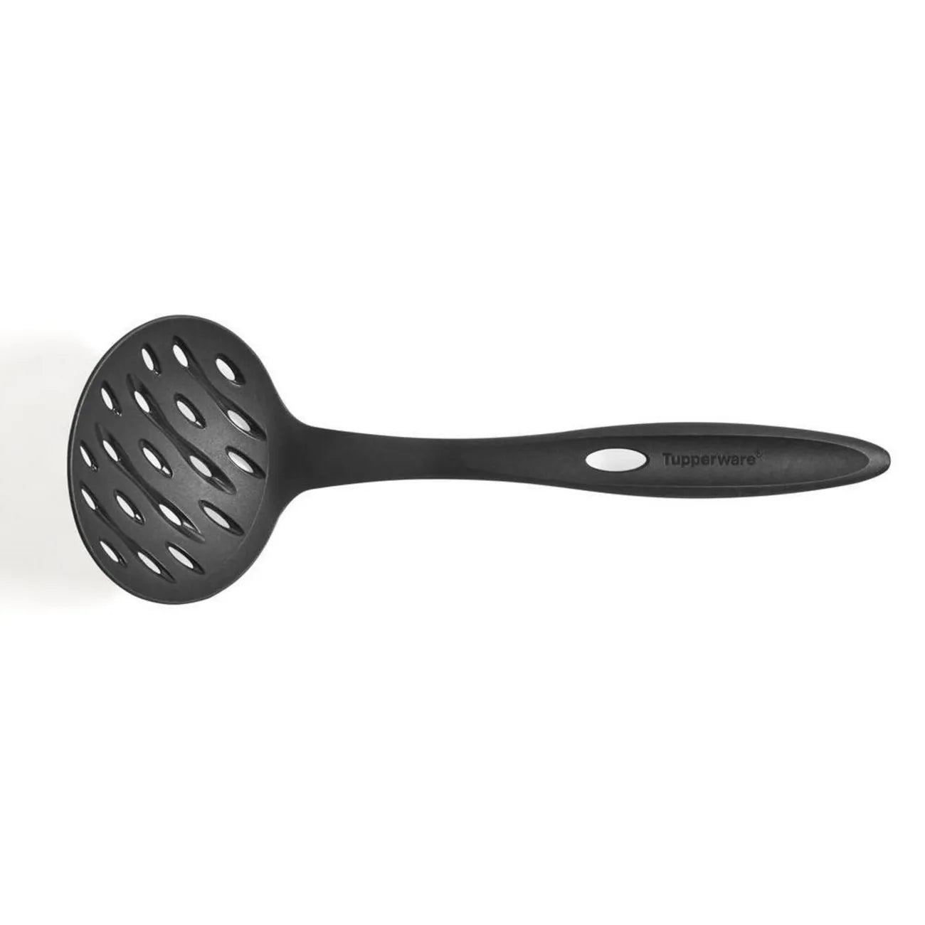 Schaumlöffel Küchenfreund von der Marke Tupperware in der Farbe Schwarz / zum Herausnehmen von Lebensmitteln aus Kochendem Wasser / Ansicht Schaumlöffel von Oben / Hier direkt online kaufen 
