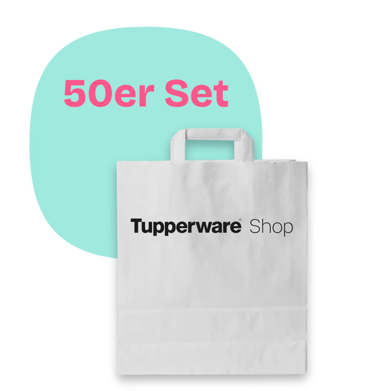 Große Papiertasche 50 Stück von der Marke Tupperware / mit 5-Fach gefalteten Papierhenkel / Kraftpapier in weiß / Motiv "Tupperware Shop" / Hier online kaufen