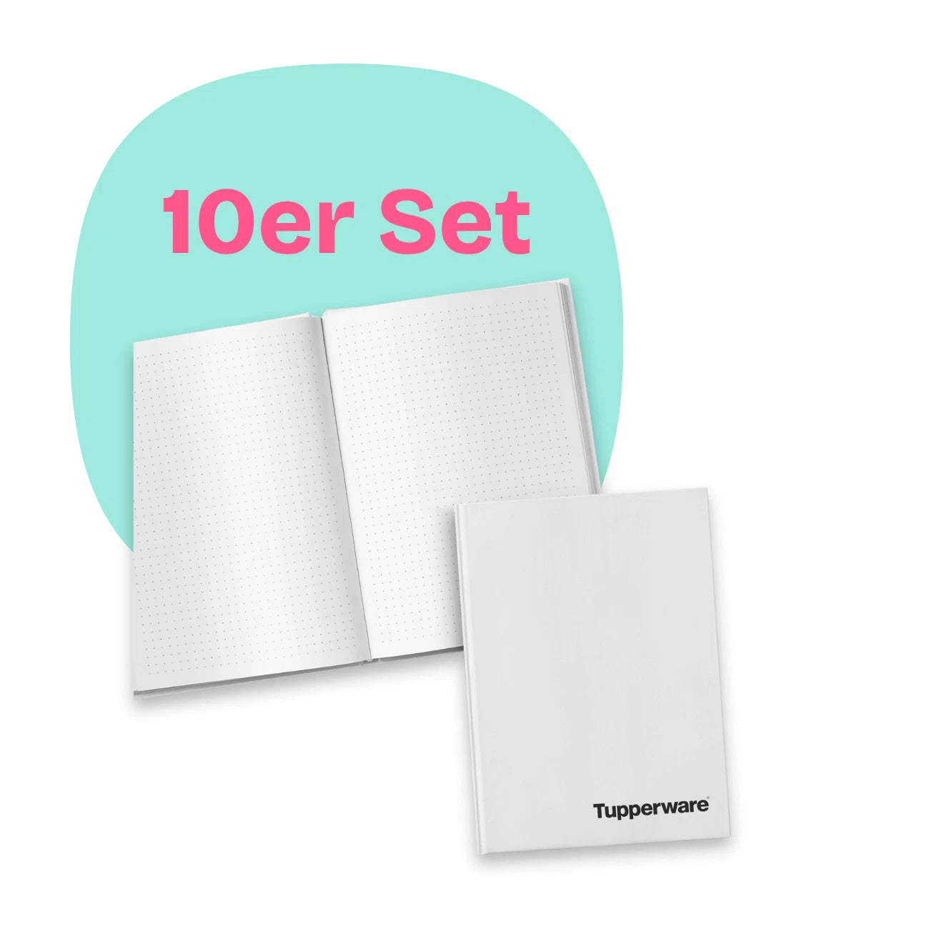 Notizbuch DIN A4 von der Marke Tupperware / 10 Stück / Weiß mit gepunkteter Lineatur / mit schwarzer Aufschrift "Tupperware" / 64 Seiten / Naturpapier / Hier direkt online kaufen 