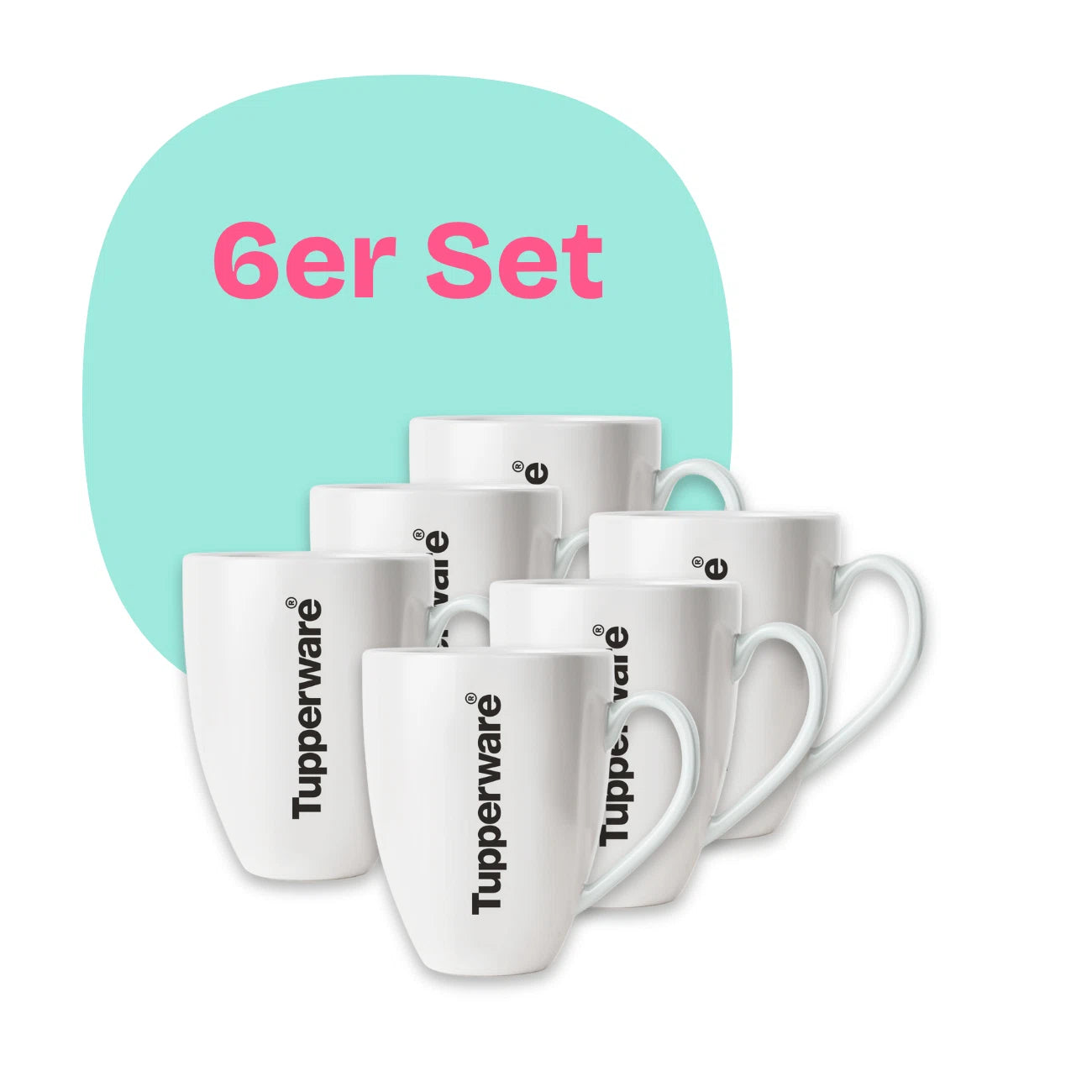 Keramiktasse(n) 250 ml von der Marke Tupperware /  6 Stück / weiß mit Aufdruck \"Tupperware\" in Schwarz / Hier direkt online Kaufen 