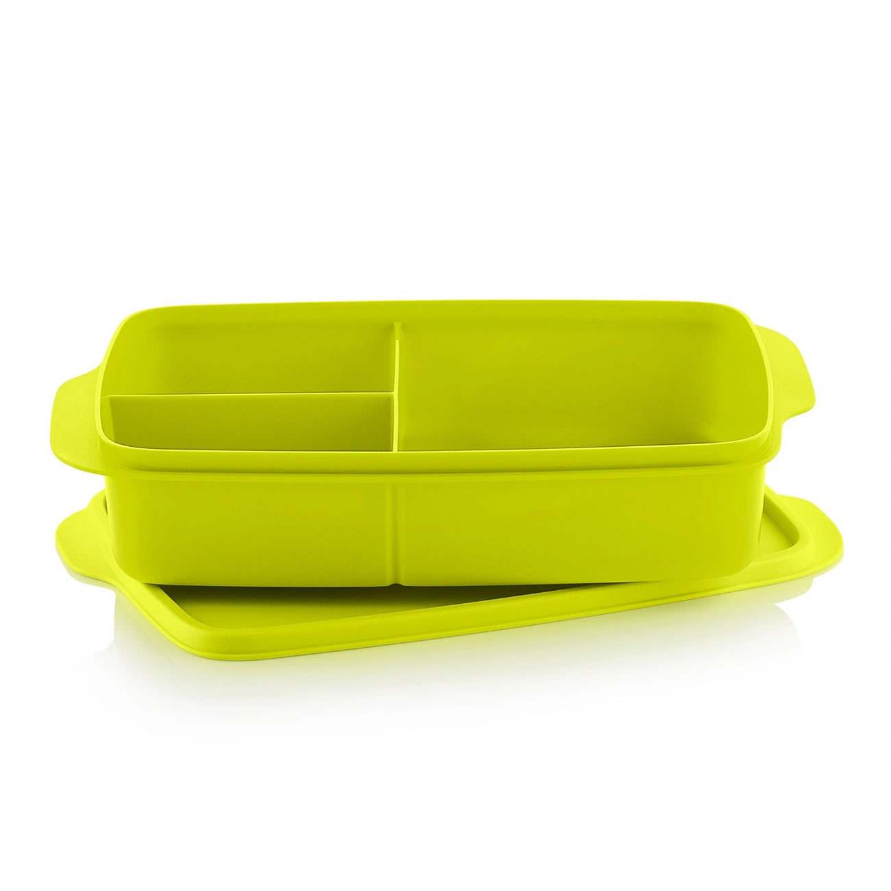 ECO+ Lunch Box Pausen 1 L von der Marke Tupperware in der Farbe Grün / fest verschließbar / mit 3 Fächern / Dank flacher Form passt sie auch in die Handtasche / abnehmbarer Deckel / leicht zu öffnen / Hier direkt online kaufen 