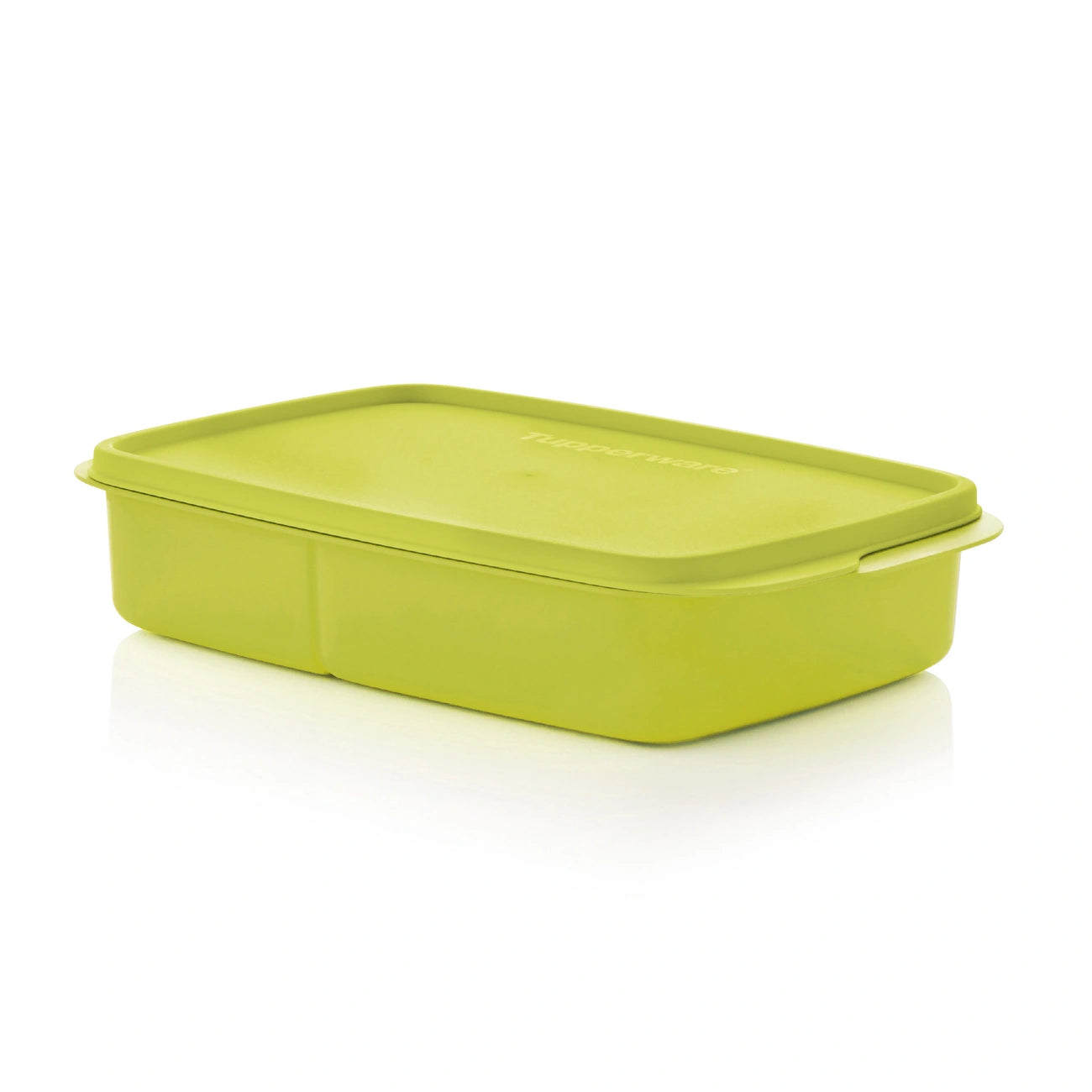 ECO+ Lunch Box Pausen 1 L von der Marke Tupperware in der Farbe Grün / fest verschließbar / mit 3 Fächern / Dank flacher Form passt sie auch in die Handtasche / abnehmbarer Deckel / leicht zu öffnen / Ansicht von der Seite / Hier direkt online kaufen 