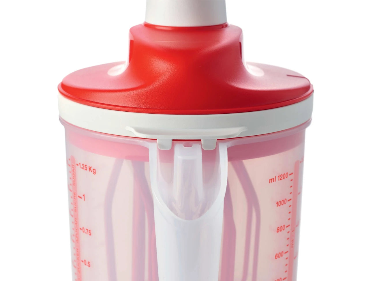 Easy Speedy 1,25l Mixx von der Marke Tupperware / Rührgerät ohne Stromverbrauch / Ideal für den Campingurlaub / mit 2 Gang Schaltung / Ideal für festen Teig aber auch für luftige Cremes / Energiesparend / Ansicht Griff & Verschluss / Hier direkt online kaufen 