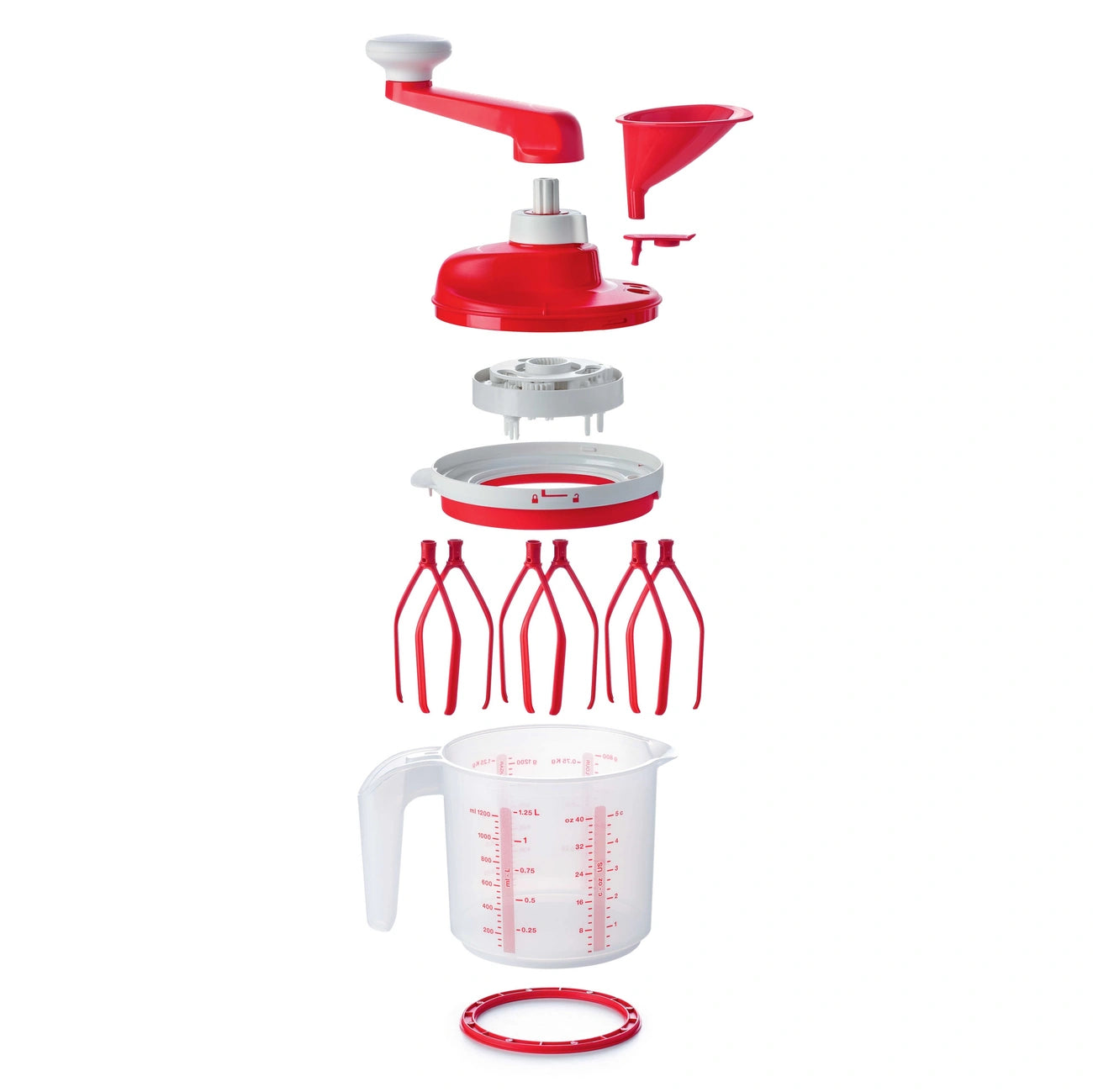 Easy Speedy 1,25l Mixx von der Marke Tupperware / Rührgerät ohne Stromverbrauch / Ideal für den Campingurlaub / mit 2 Gang Schaltung / Ideal für festen Teig aber auch für luftige Cremes / Energiesparend / Übersicht von allen Einzelteilen / Hier direkt online kaufen 